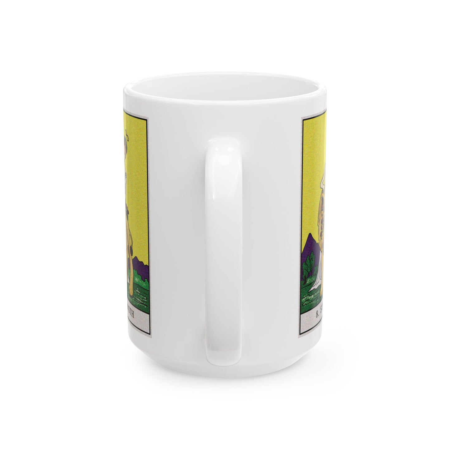 Strength Tarot Card Coffee Mug - Double Sided White Ceramic 15oz by TheGlassyLass.com