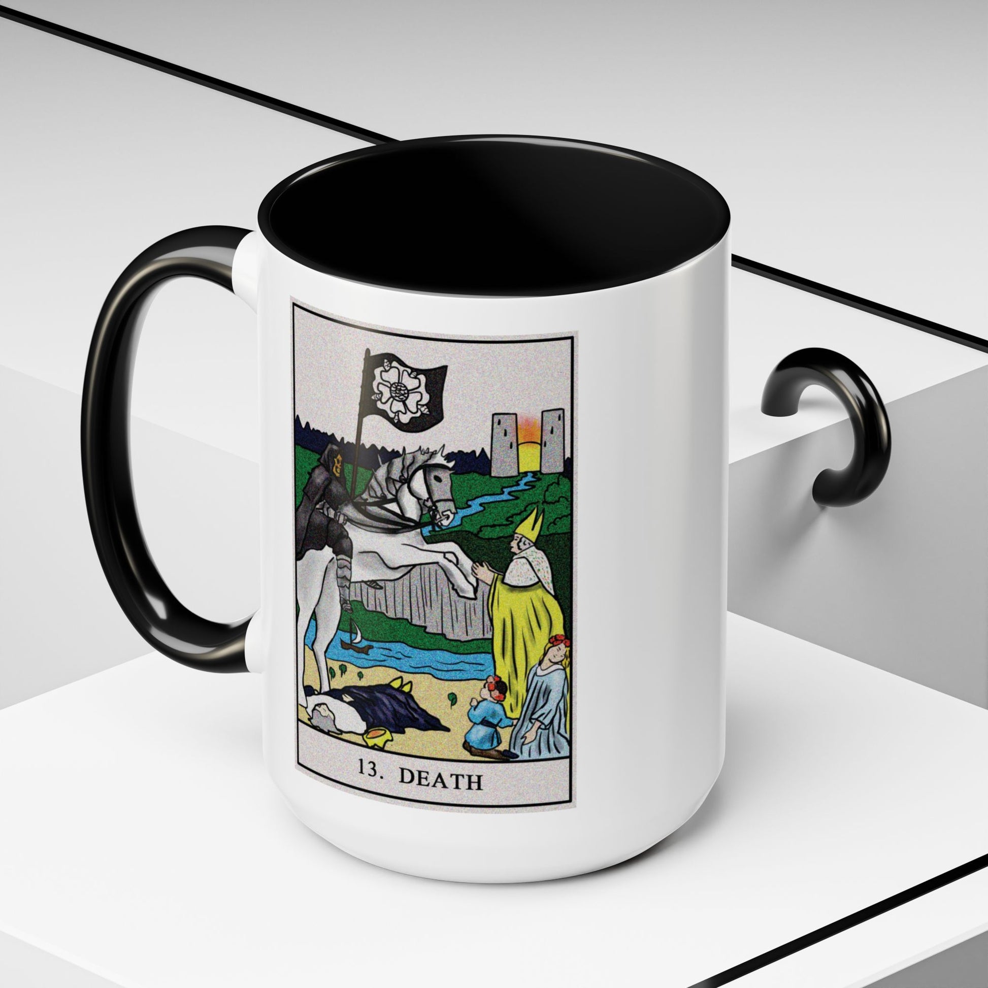 Death Tarot Card Coffee Mug - Double Sided Black Accent White Ceramic 15oz by TheGlassyLass.com