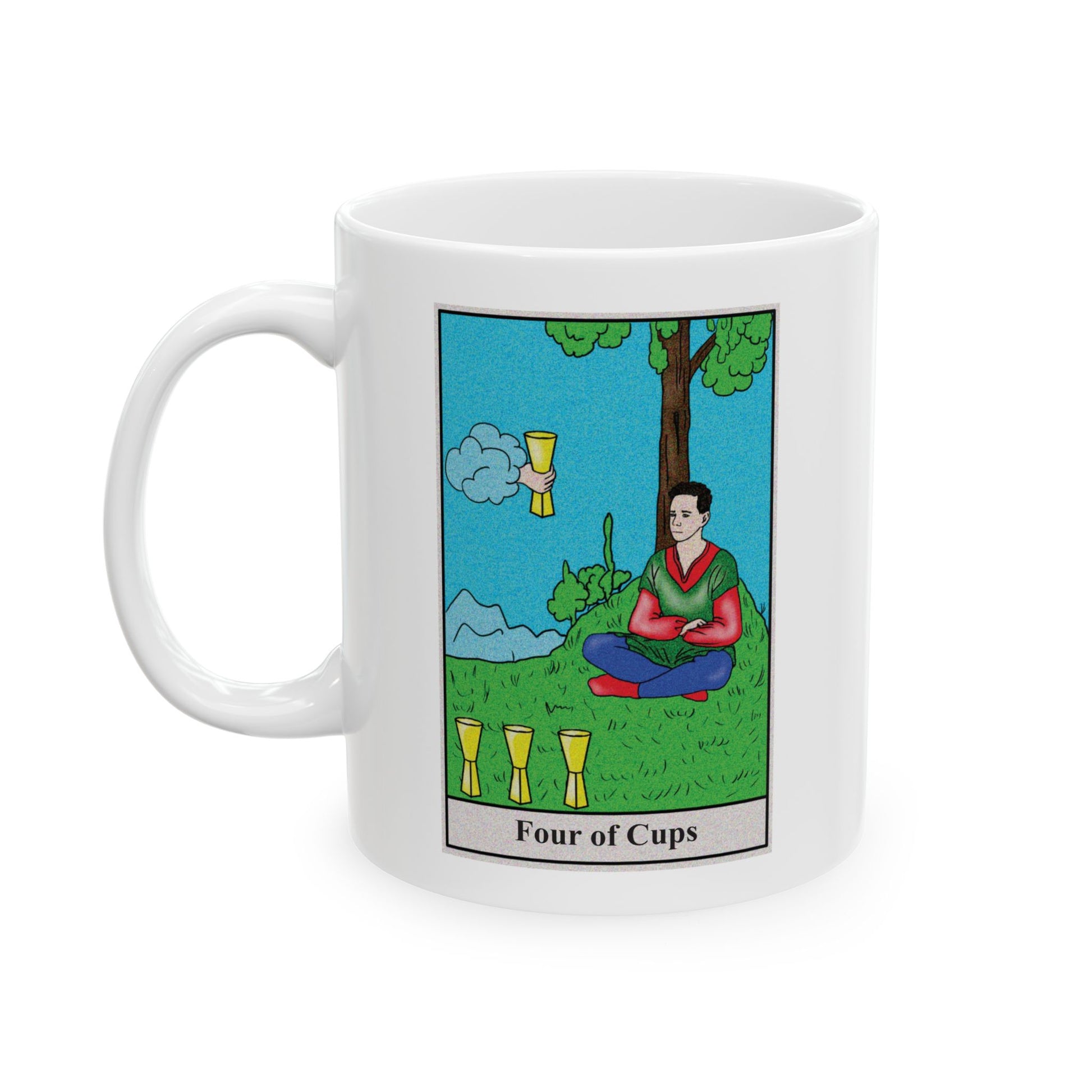 Four of Cups Tarot Card Coffee Mug - Double Sided Print, White Ceramic, 11oz by TheGlassyLass.com