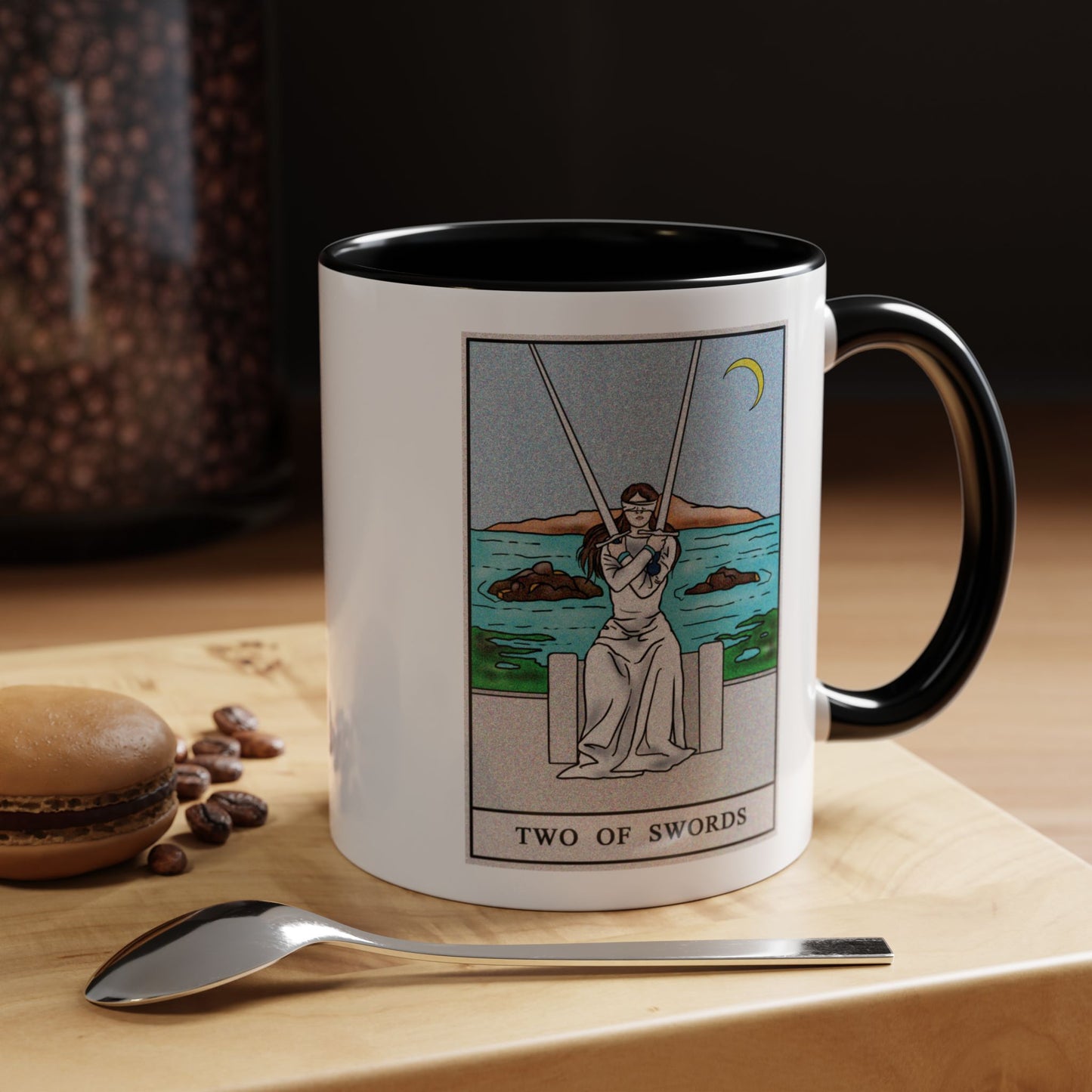 Two of Swords Tarot Card Coffee Mug - Double Sided Print, Black Accent White Ceramic, 11oz by TheGlassyLass