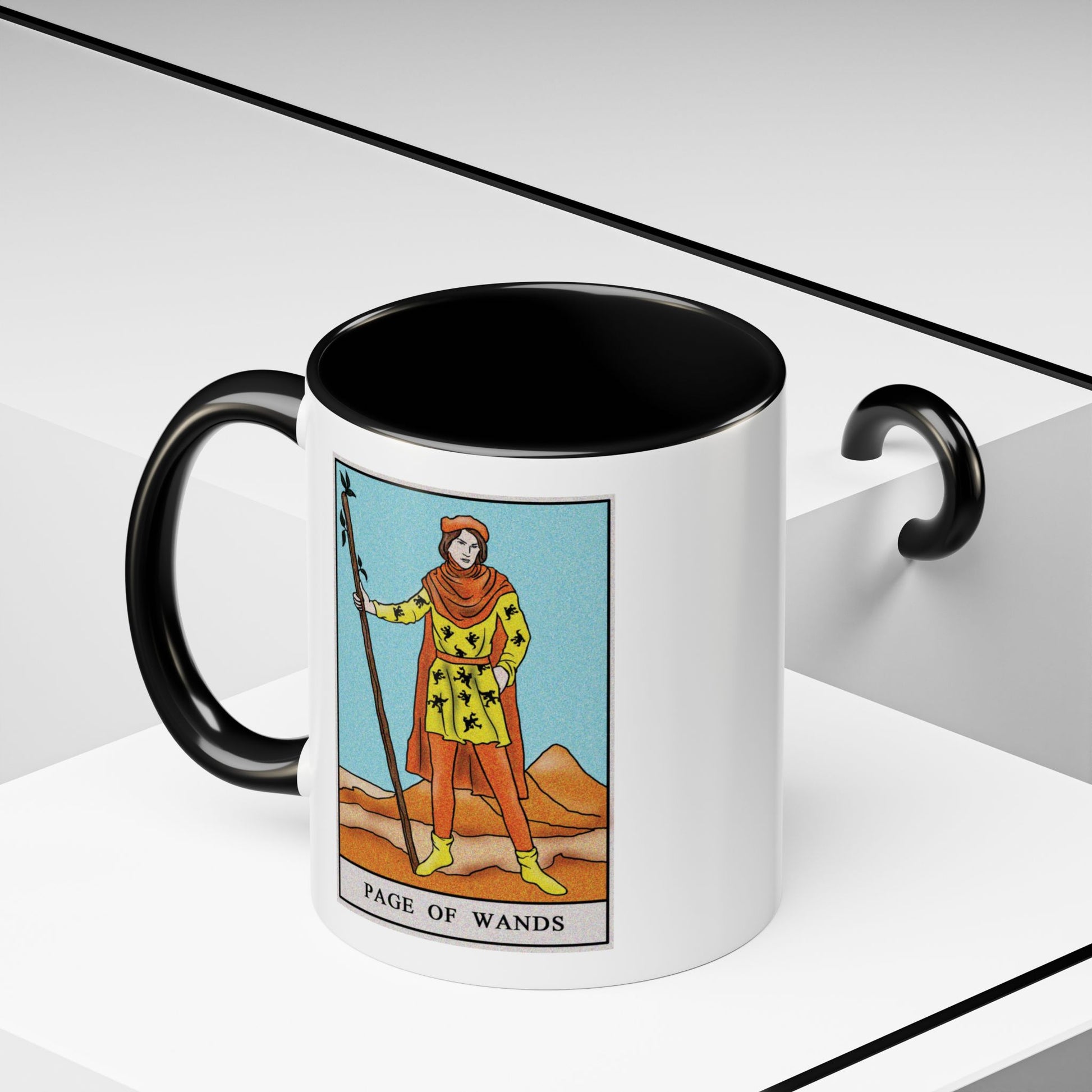 Page of Wands Tarot Card Coffee Mug - Double Sided Print, Black Accent White Ceramic, 11oz by TheGlassyLass.com