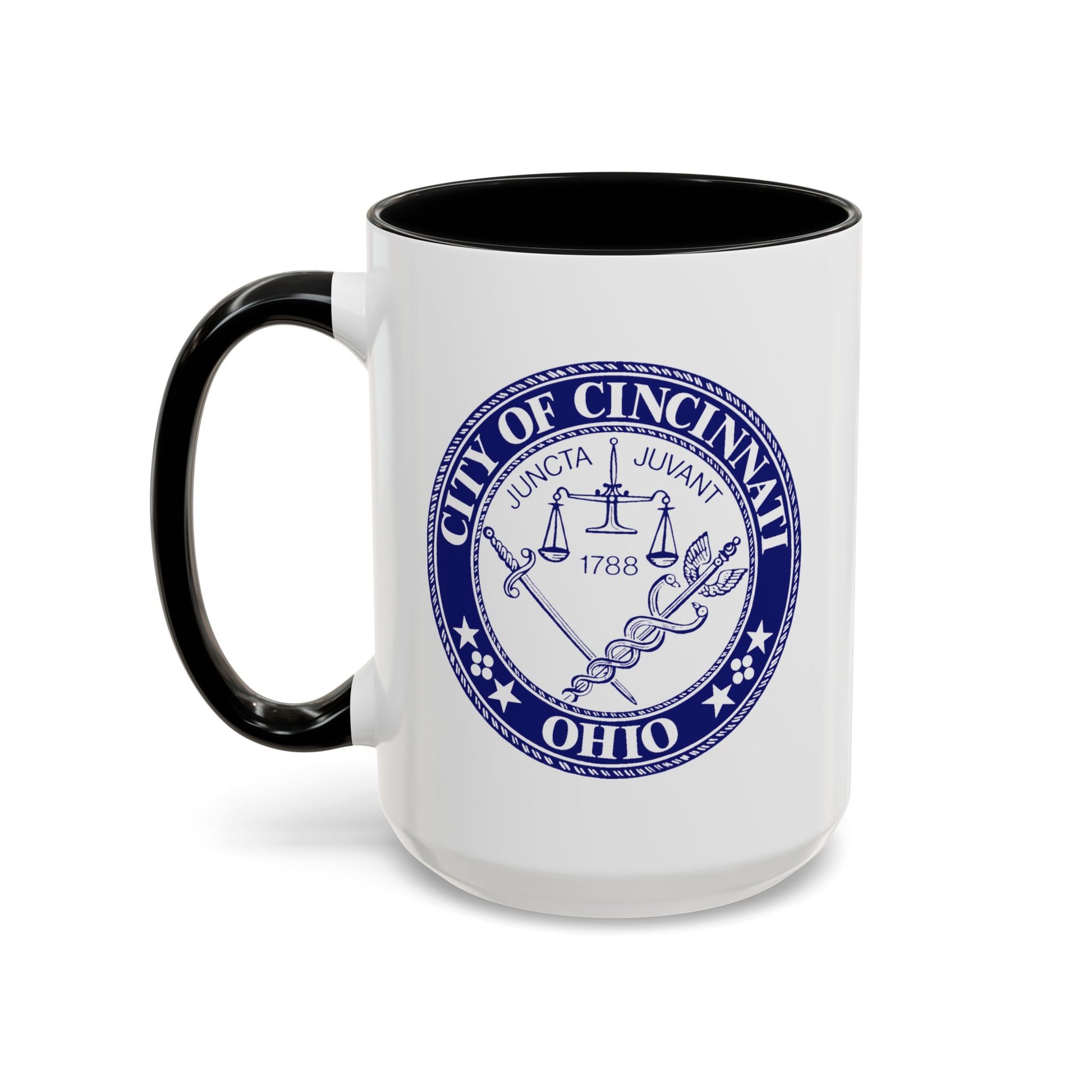 City of Cincinnati Seal Coffee Mug - Double Sided Print, Black Accent White Ceramic, 15oz by TheGlassyLass.com