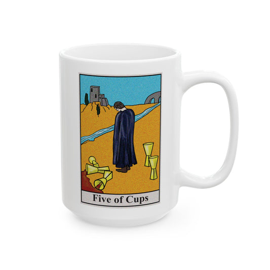 Five of Cups Tarot Card Coffee Mug - Double Sided White Ceramic 15oz by TheGlassyLass.com