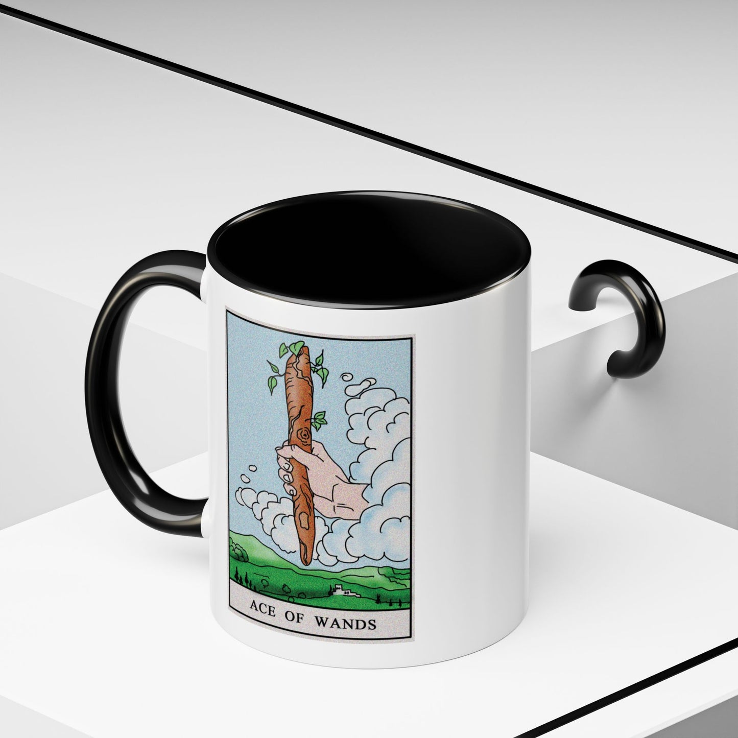 Ace of Wands Tarot Card Coffee Mug - Double Sided Print, Black Accent White Ceramic, 11oz by TheGlassyLass.com
