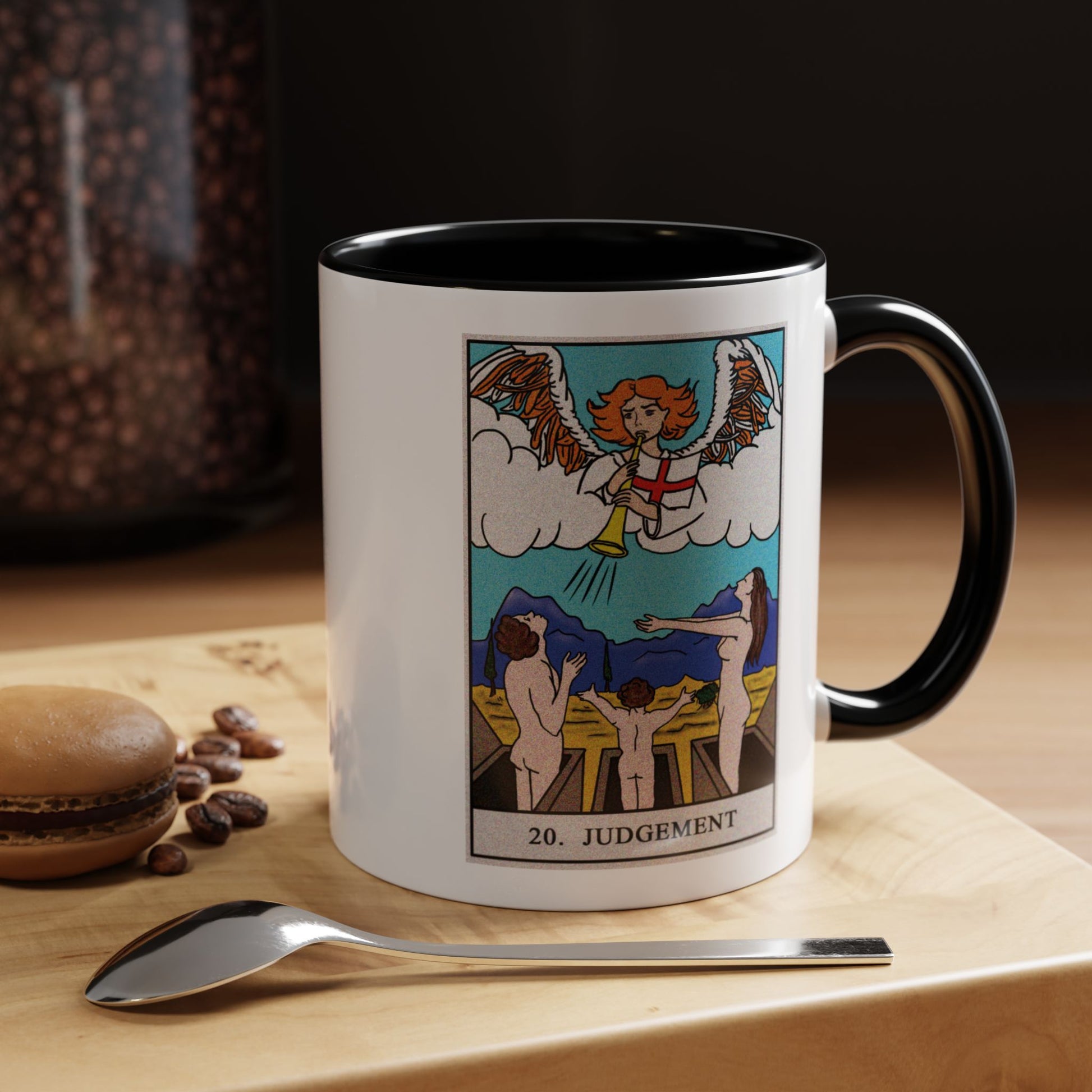 The Judgement Tarot Card Coffee Mug - Double Sided Print, Black Accent White Ceramic, 11oz by TheGlassyLass.com