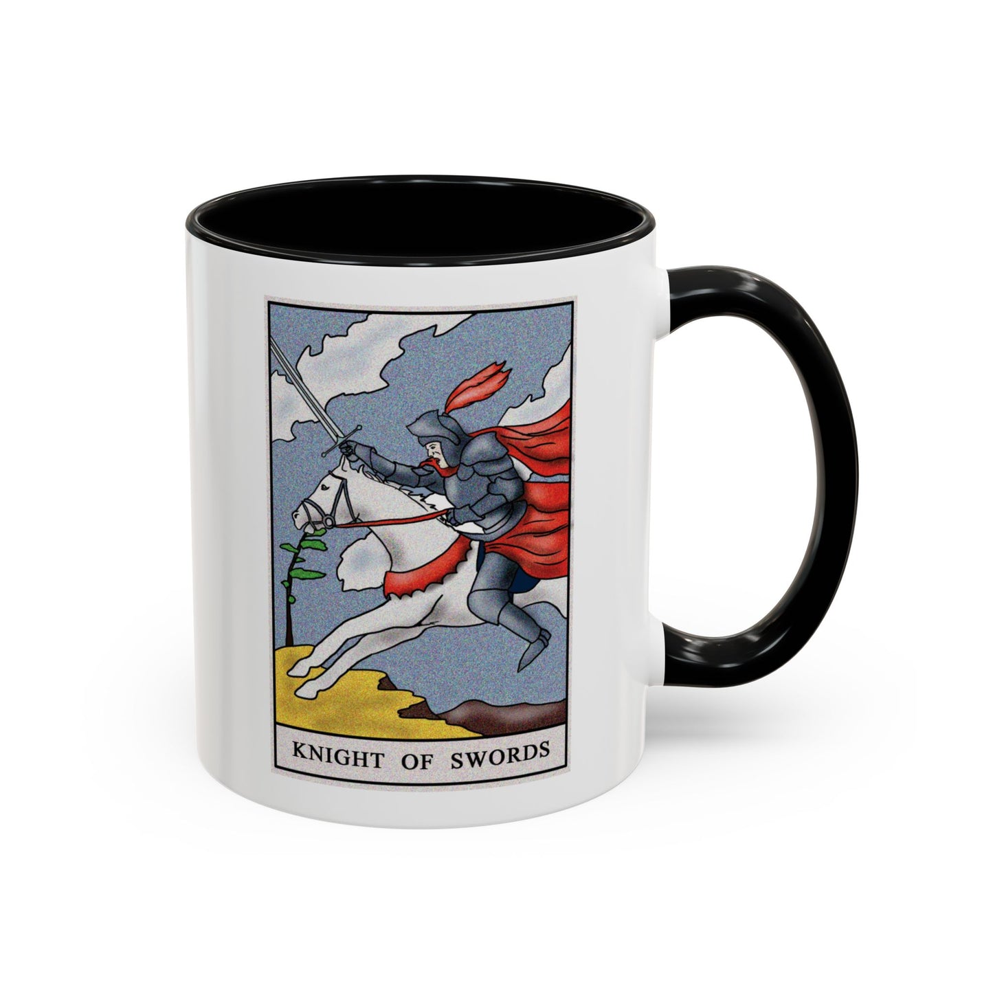 Knight of Swords Tarot Card Coffee Mug - Double Sided Print, Black Accent White Ceramic, 11oz by TheGlassyLass.com
