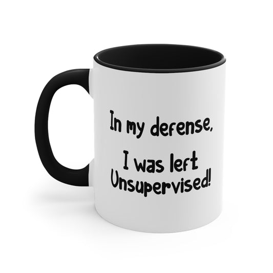 In My Defense - Double Sided Black Accent White Ceramic Coffee Mug 11oz by TheGlassyLass.com