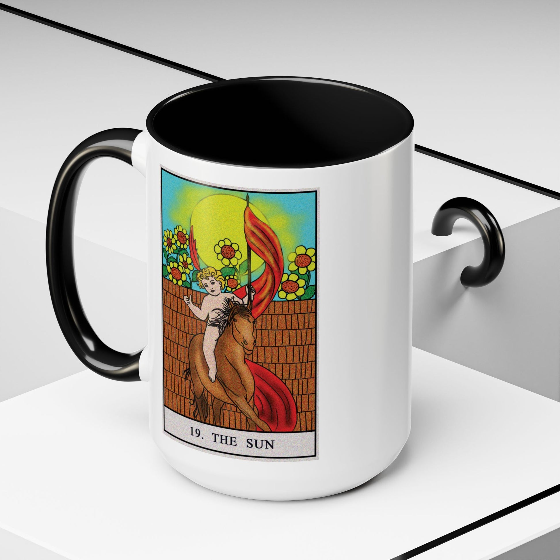 The Sun Tarot Card Coffee Mug - Double Sided Black Accent White Ceramic 15oz by TheGlassyLass.com