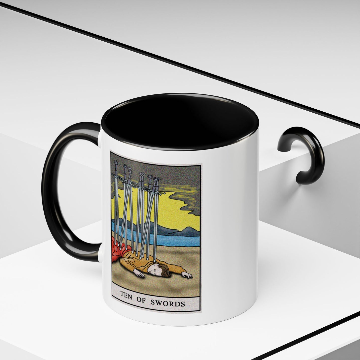 Ten of Swords Tarot Card Coffee Mug - Double Sided Print, Black Accent White Ceramic, 11oz by TheGlassyLass.com