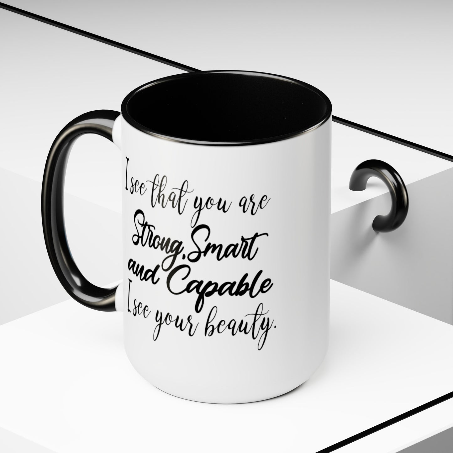 Smart Strong Capable Coffee Mug - Double Sided Black Accent White Ceramic 15oz by TheGlassyLass.com