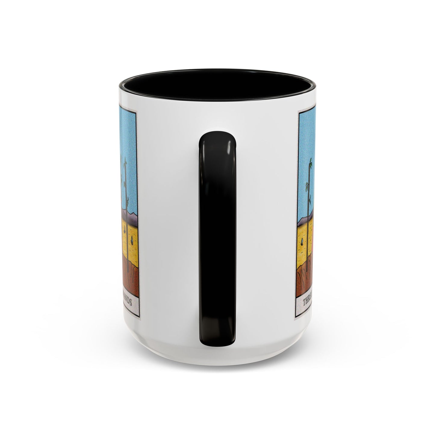 Three of Wands Tarot Card Coffee Mug - Double Sided Black Accent White Ceramic 15oz by TheGlassyLass.com