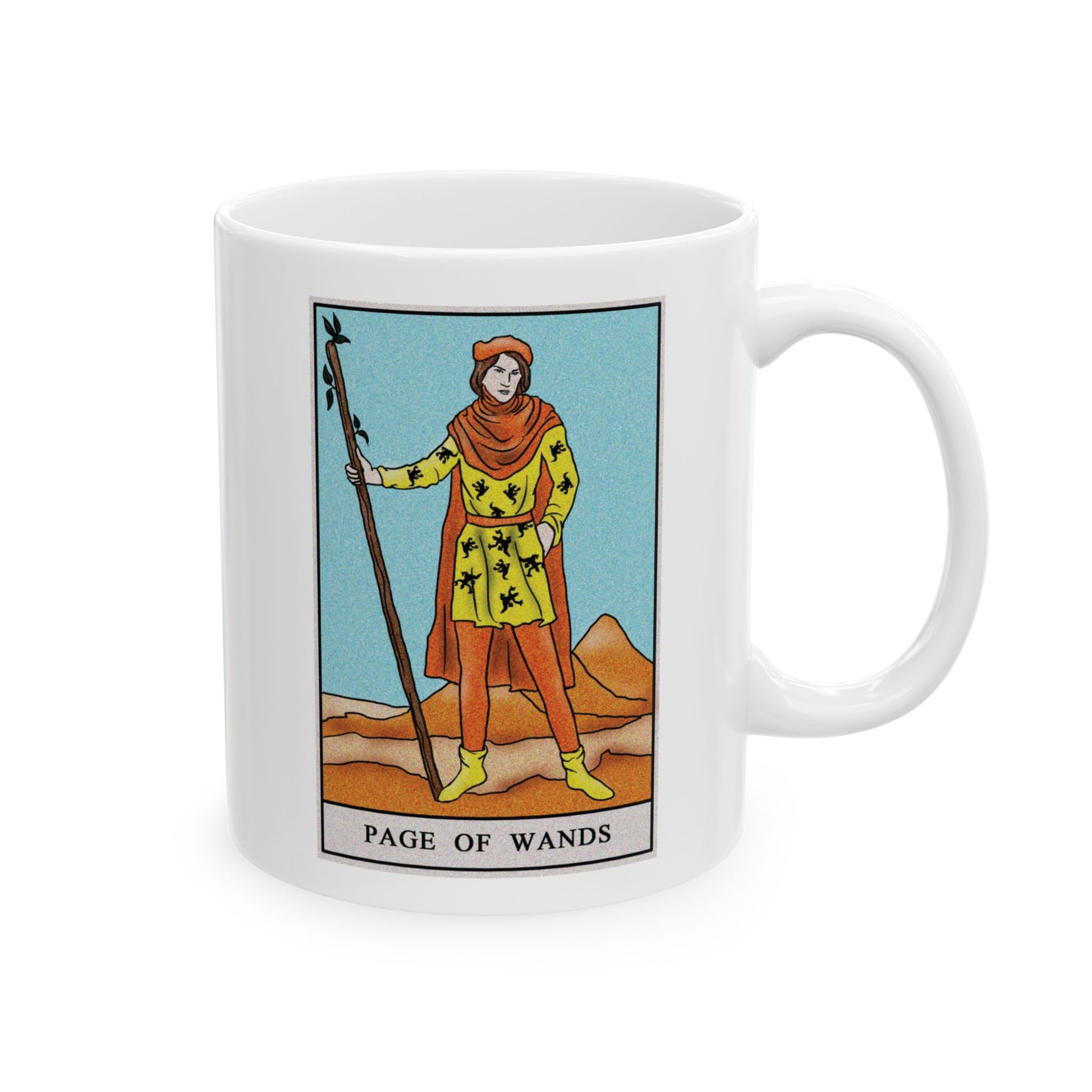 Page of Wands of Wands Tarot Card Coffee Mug - Double Sided Print, White Ceramic, 11oz by TheGlassyLass.com