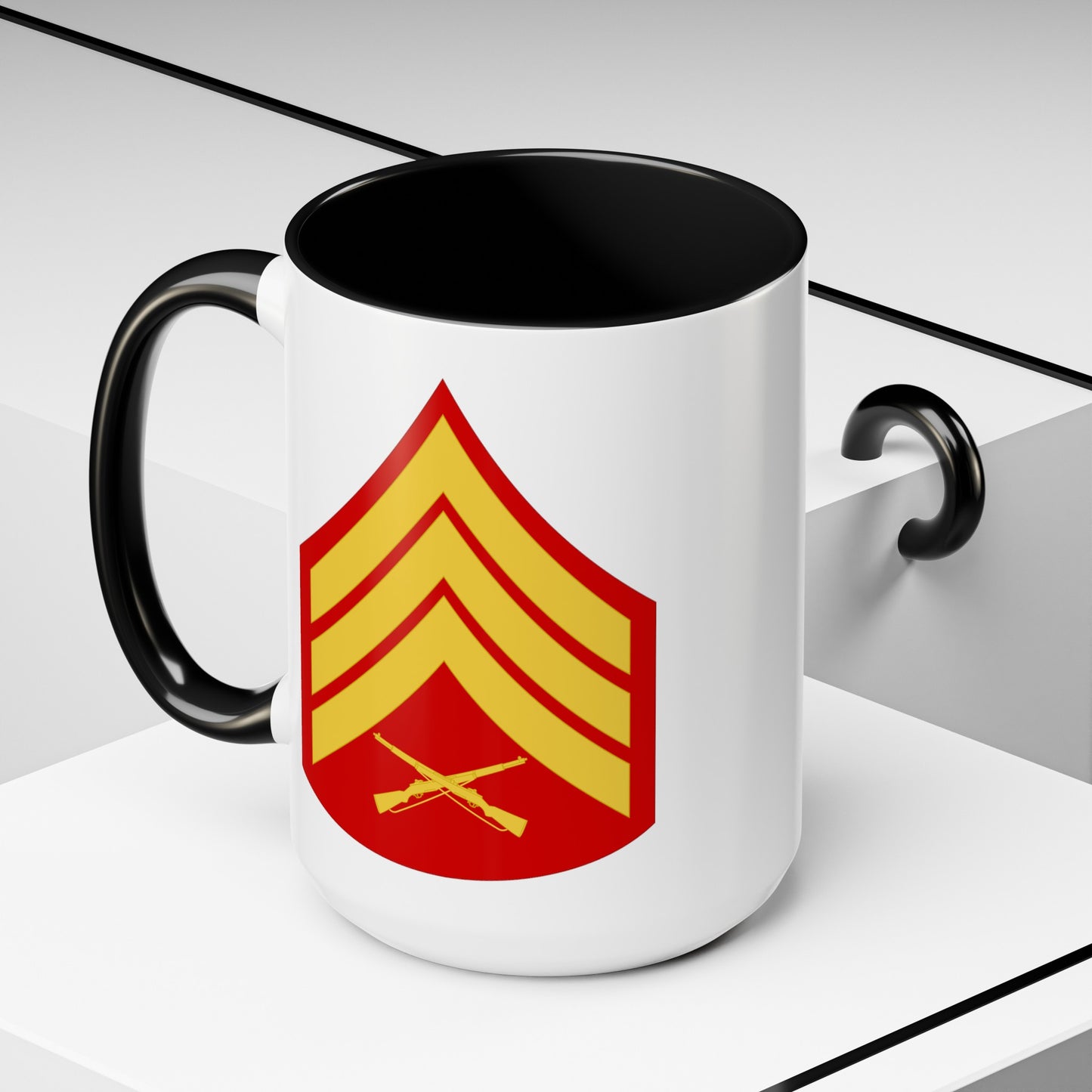 United States Marine Corps Sergeant (E-5) Chevron Coffee Mug - Double Sided Black Accent White Ceramic 15oz - by TheGlassyLass