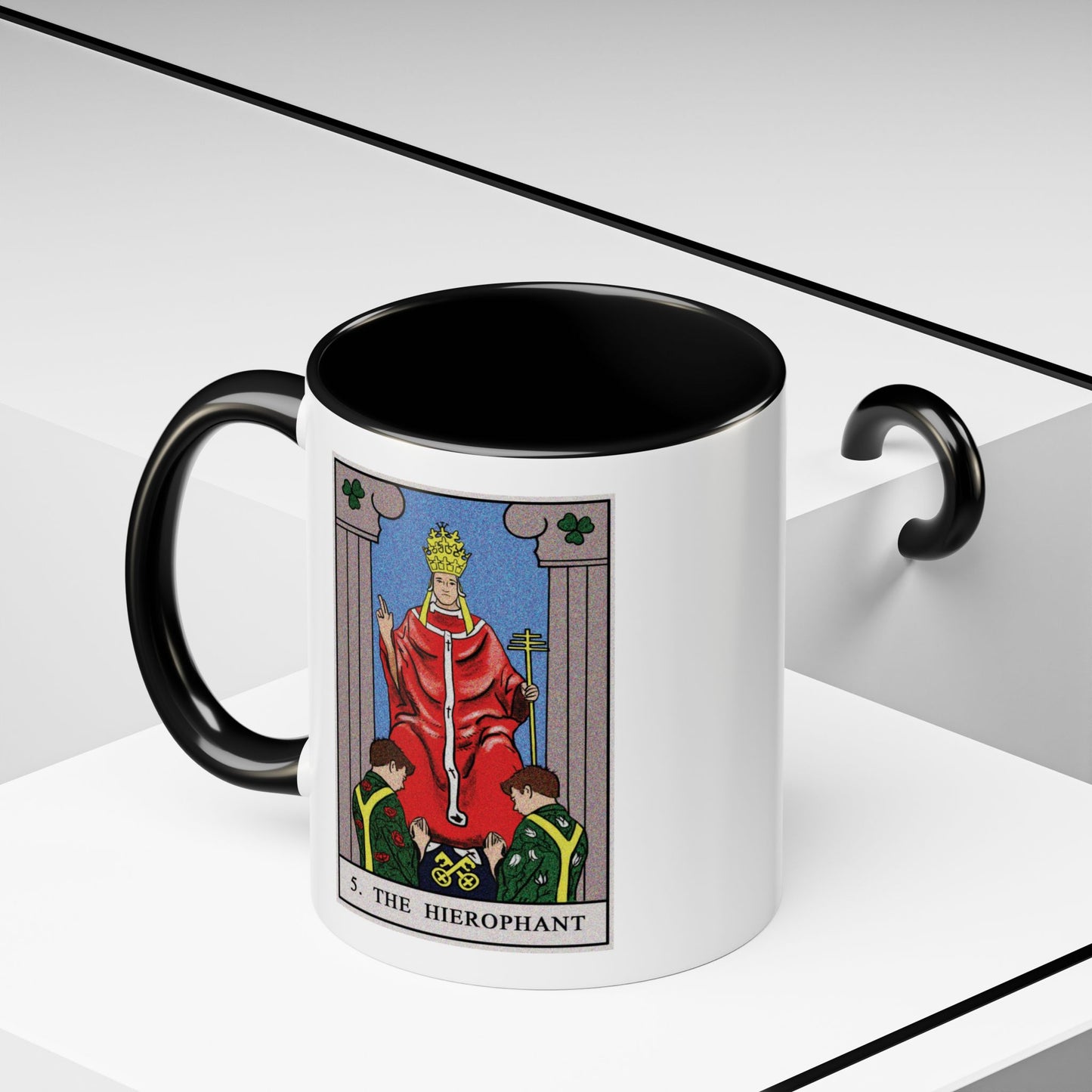 The Hierophant Tarot Card Coffee Mug - Double Sided Print, Black Accent White Ceramic, 11oz by TheGlassyLass.com