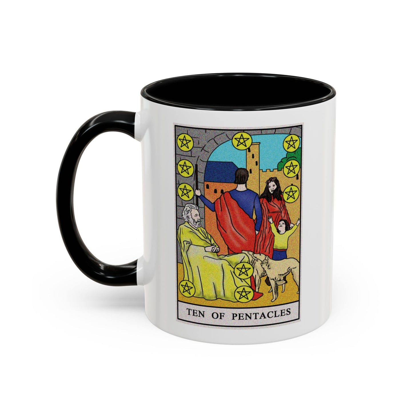 Ten of Pentacles Tarot Card Coffee Mug - Double Sided Print, Black Accent White Ceramic, 11oz by TheGlassyLass.com