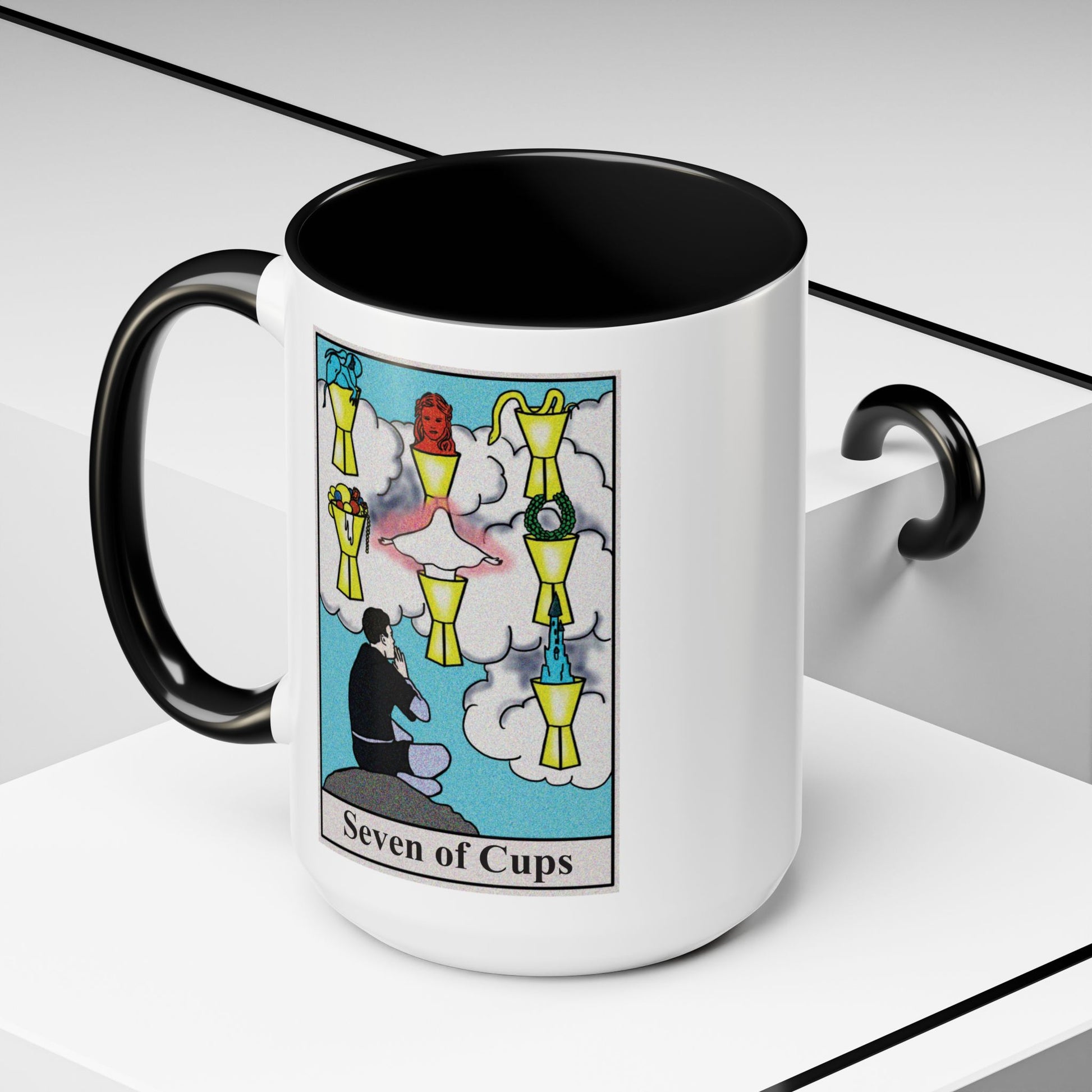 Seven of Cups Tarot Card Coffee Mug - Double Sided Black Accent White Ceramic 15oz by TheGlassyLass.com