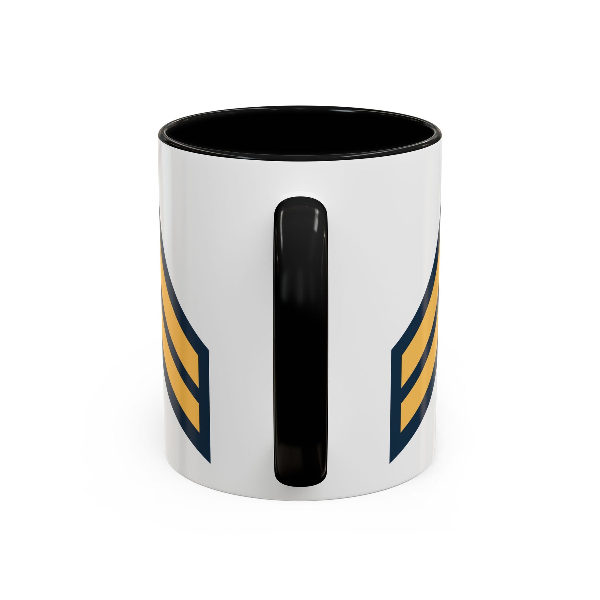 US Army Corporal (E-4) Stripes Coffee Mug - Double Sided Print, Black Accent White Ceramic, 11oz by TheGlassyLass.com