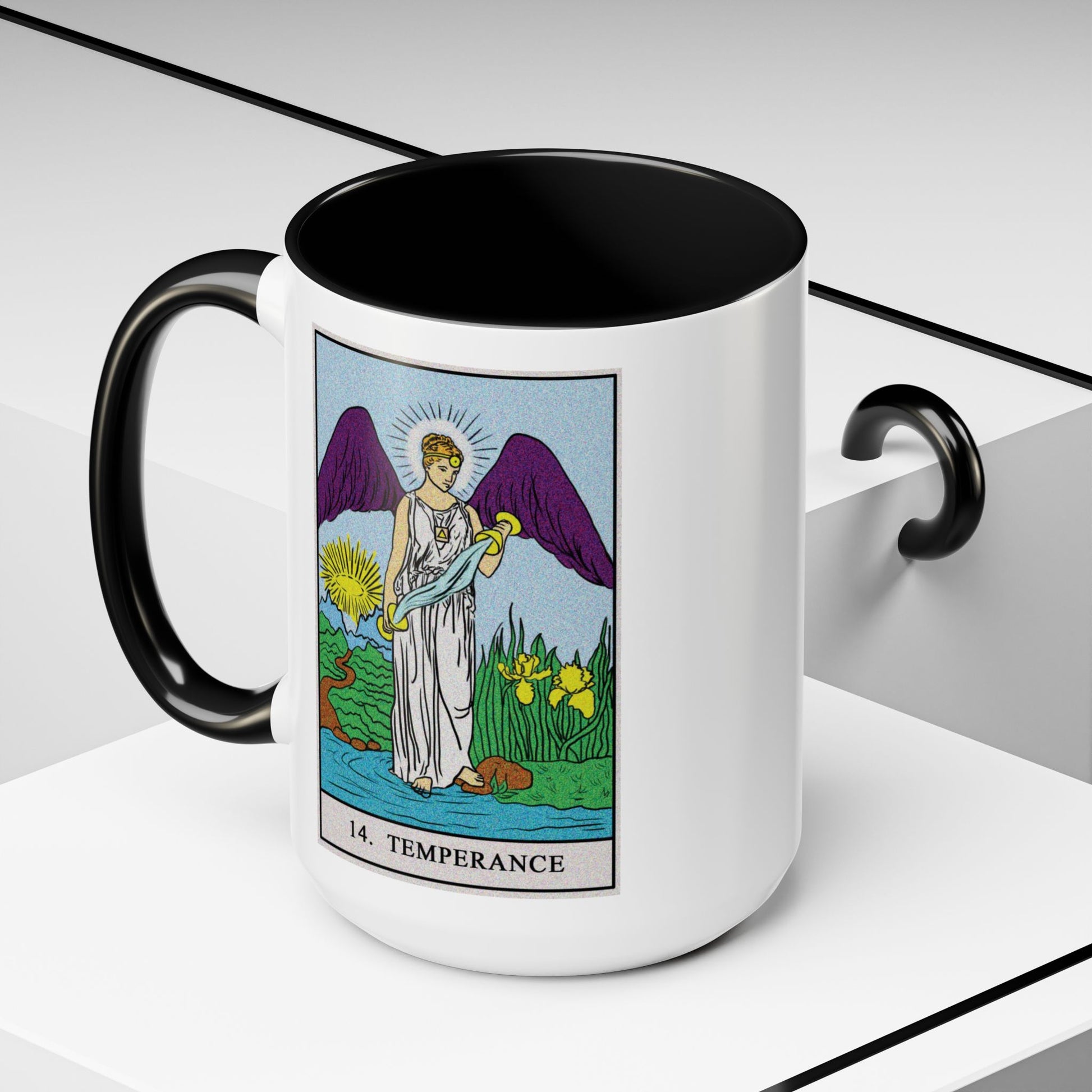 Temperance Tarot Card Coffee Mug - Double Sided Black Accent White Ceramic 15oz by TheGlassyLass.com