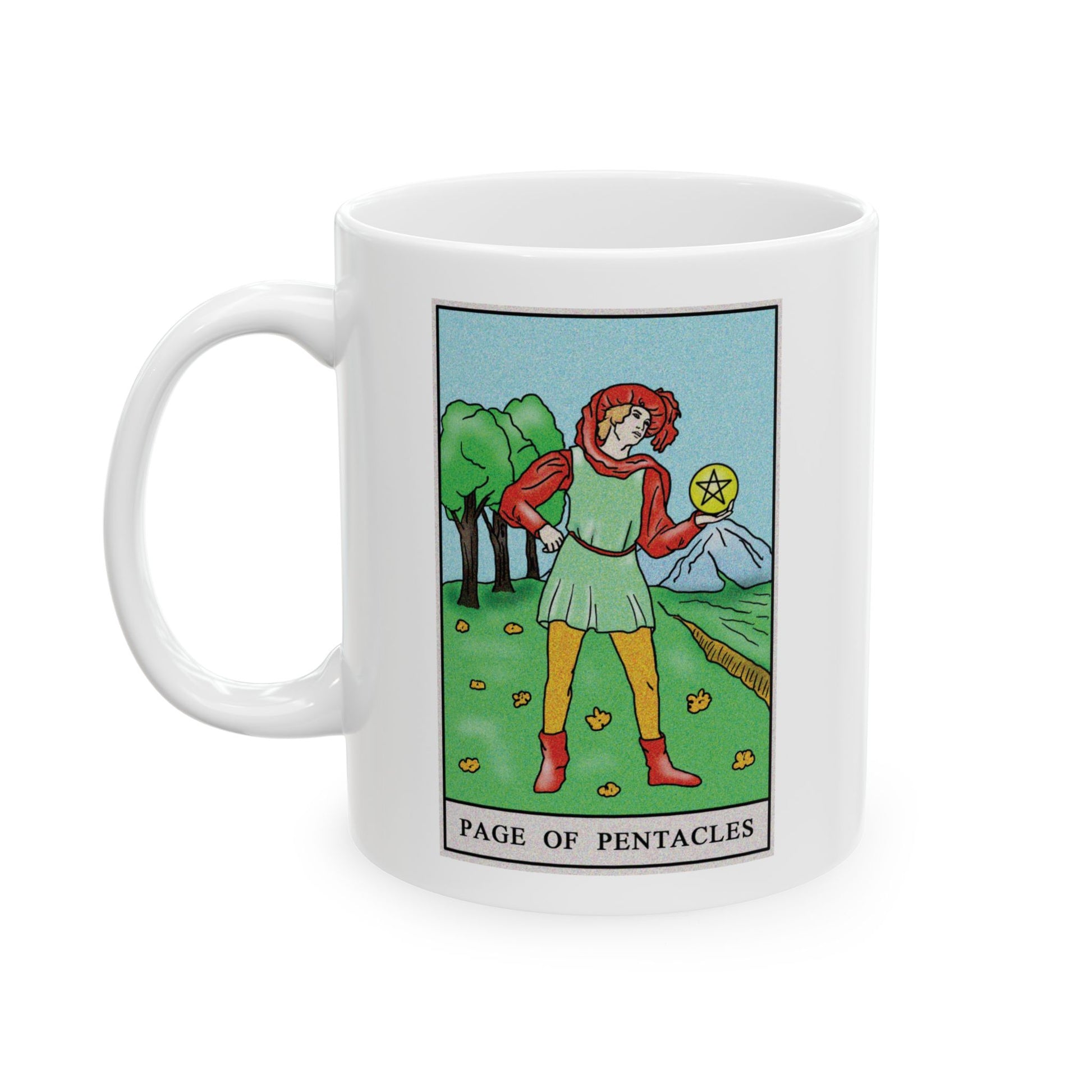 Page of Pentacles Tarot Card Coffee Mug - Double Sided Print, White Ceramic, 11oz by TheGlassyLass.com