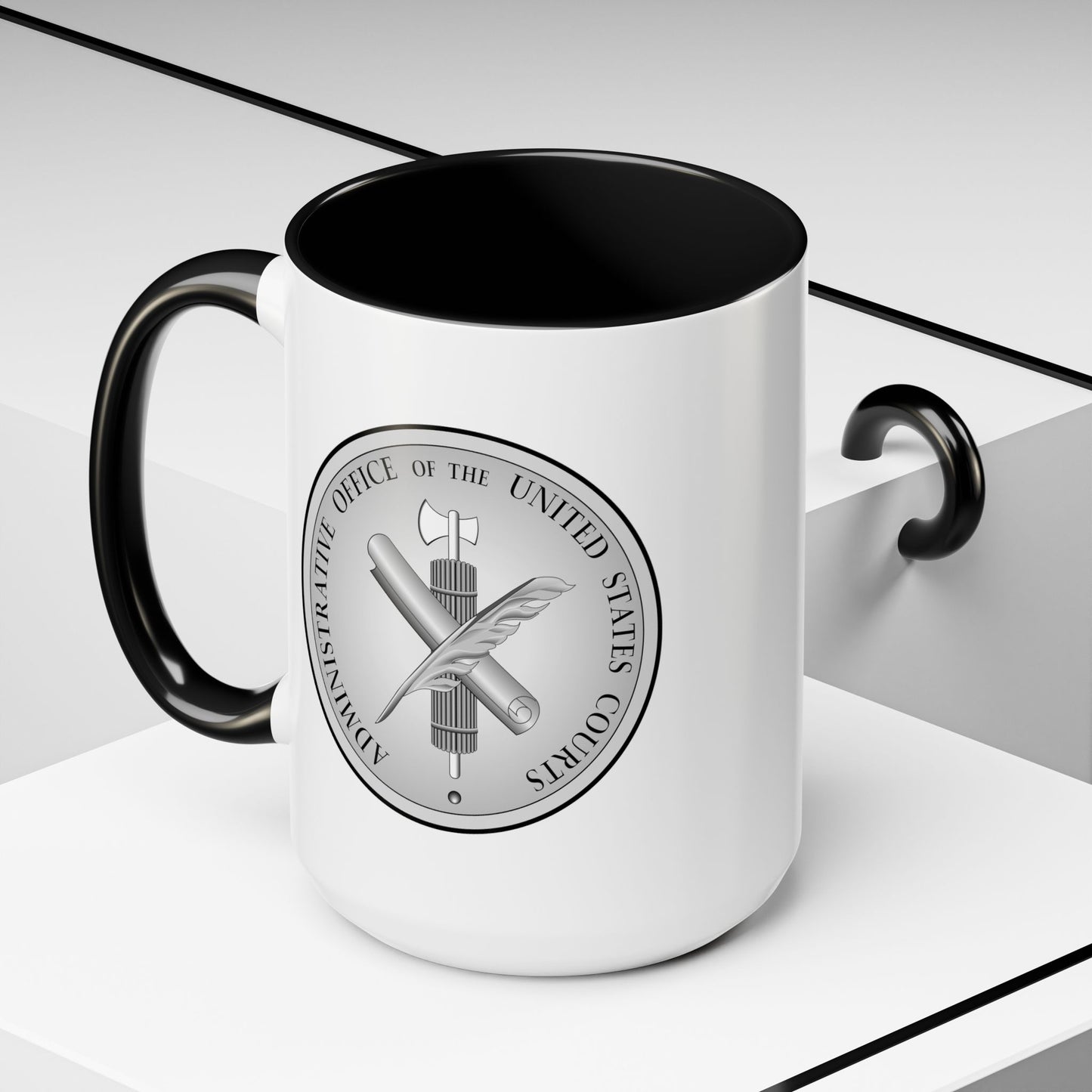 Administrative Office of the United States Courts Seal Coffee Mug - Double Sided Black Accent White Ceramic 15oz by TheGlassyLass.com