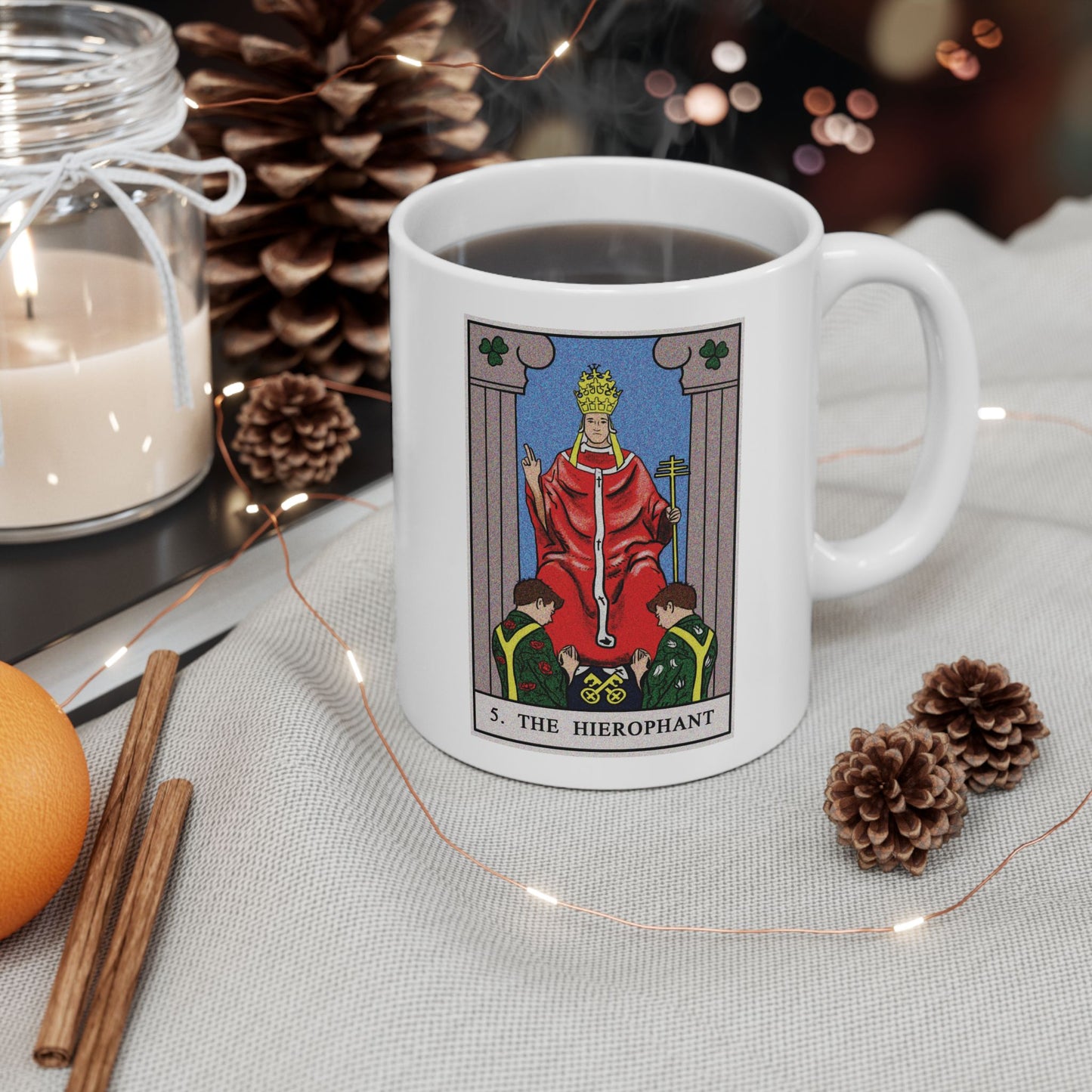 The Hierophant Tarot Card Coffee Mug - Double Sided Print, White Ceramic, 11oz by TheGlassyLass.com