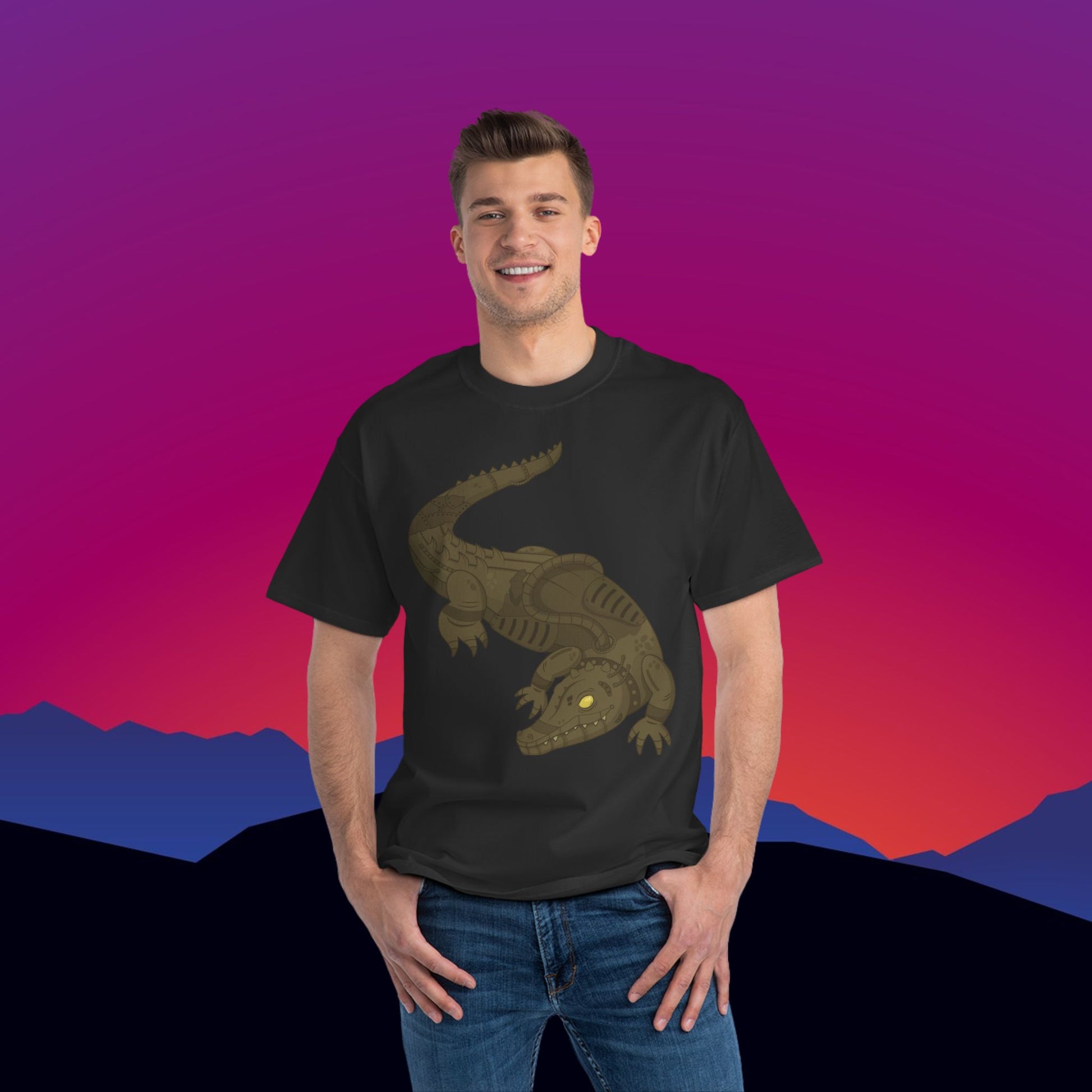 Steampunk Alligator T-Shirt: (Hanes Beefy-T 100% Preshrunk Cotton Custom Printed by TheGlassyLass.com