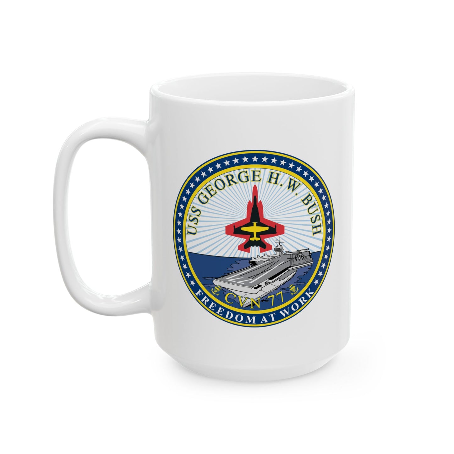 USS George H. W. Bush CVN 77 Seal Coffee Mug - Double Sided Print, White Ceramic, 15oz by TheGlassyLass.com