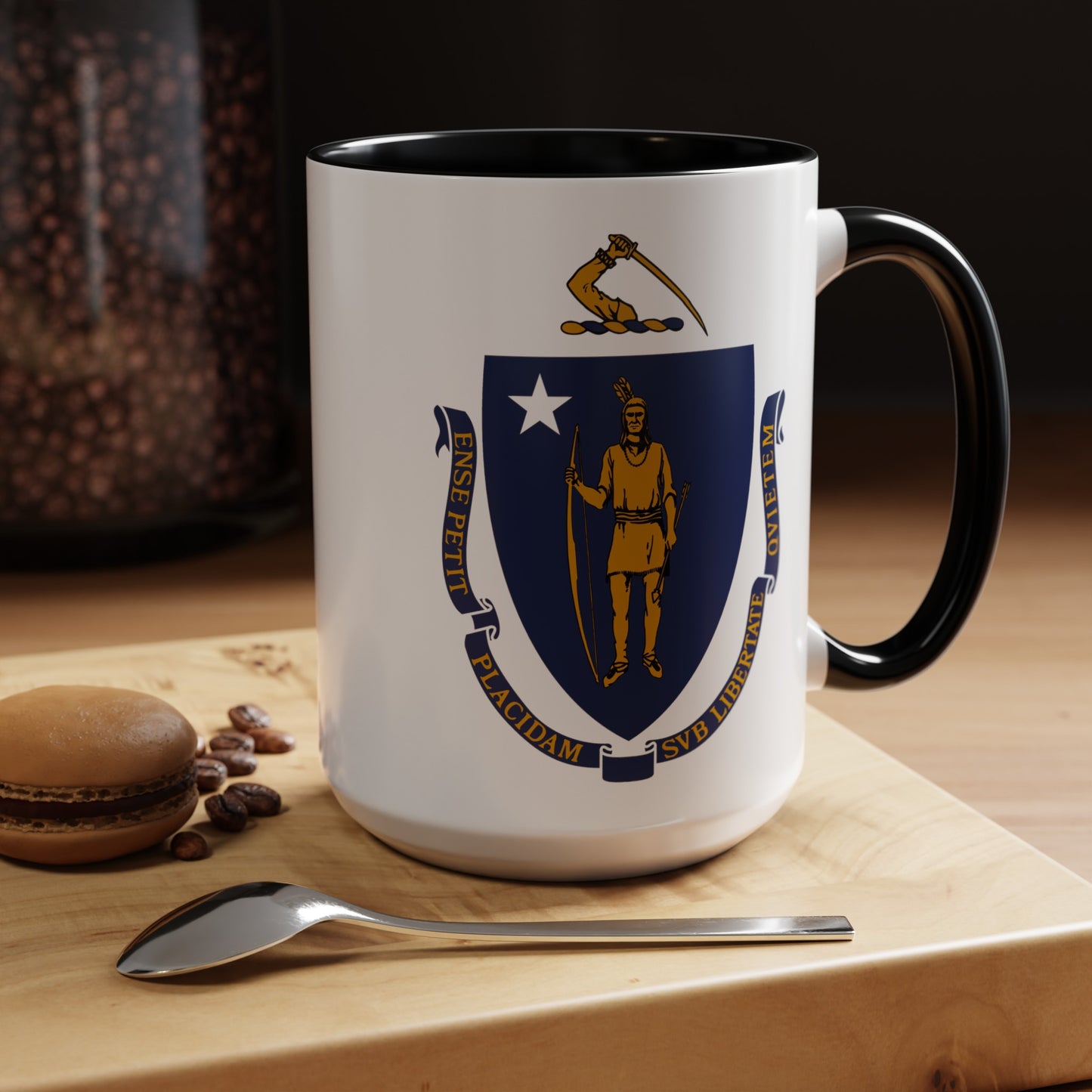 Commonwealth of Massachusetts State Flag - Double Sided Black Accent White Ceramic Coffee Mug 15oz by TheGlassyLass.com
