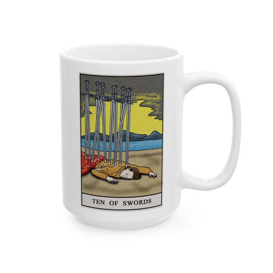 Ten of Swords Tarot Card Coffee Mug - Double Sided White Ceramic 15oz by TheGlassyLass.com