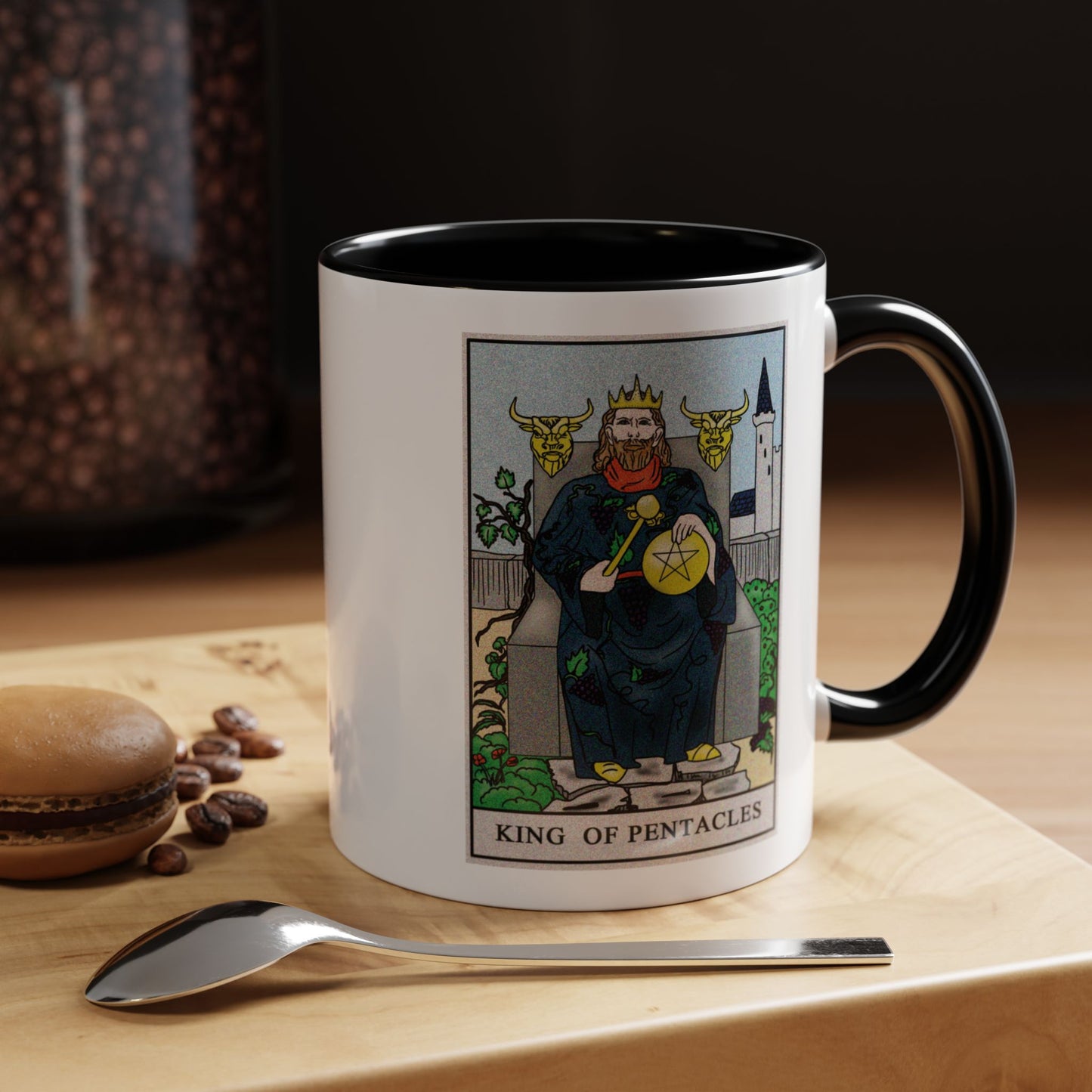 King of Pentacles Tarot Card Coffee Mug - Double Sided Print, Black Accent White Ceramic, 11oz by TheGlassyLass.com