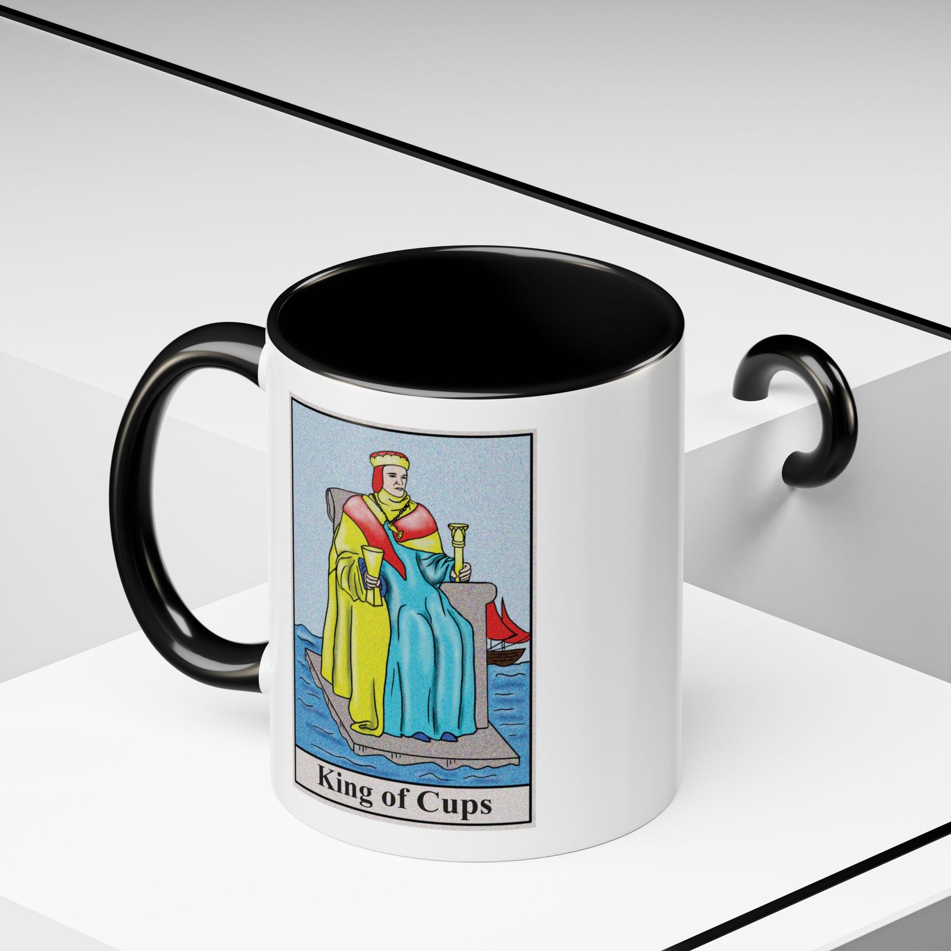 King of Cups Tarot Card Coffee Mug - Double Sided Print, Black Accent White Ceramic, 11oz by TheGlassyLass.com