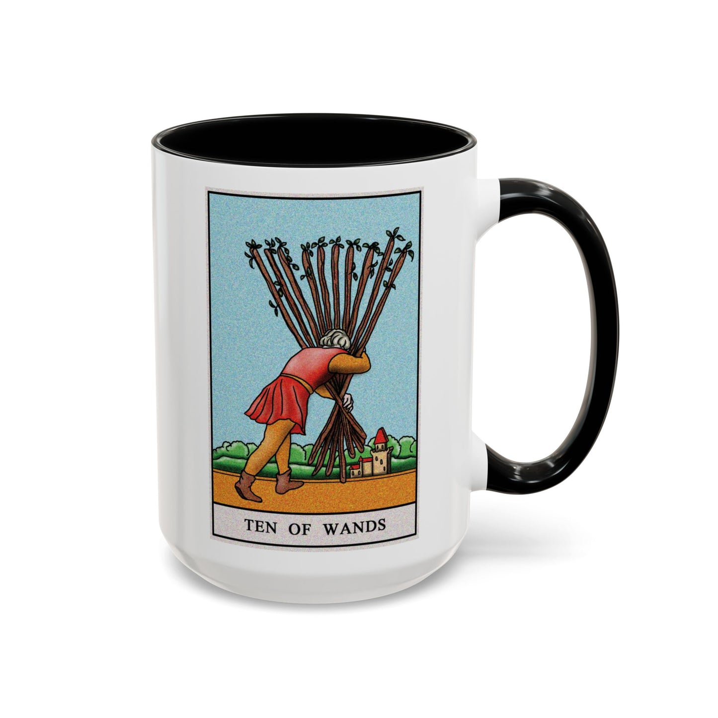Ten of Wands Tarot Card Coffee Mug - Double Sided Black Accent White Ceramic 15oz by TheGlassyLass.com