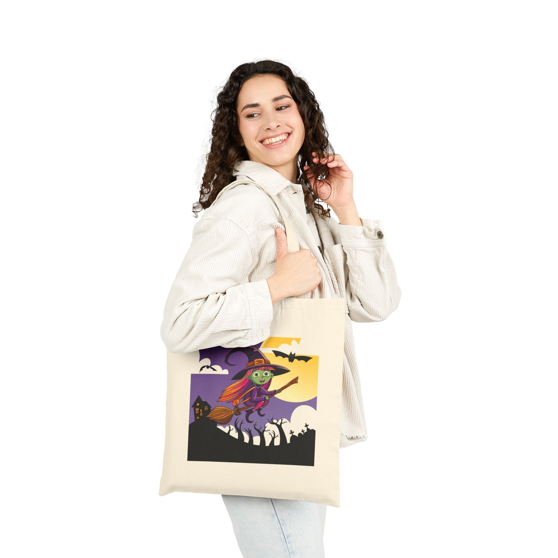 Flying Witch Haunted Halloween Trick or Treat Tote Bag - Heavyweight 100% Cotton Canvas by TheGlassyLass.com