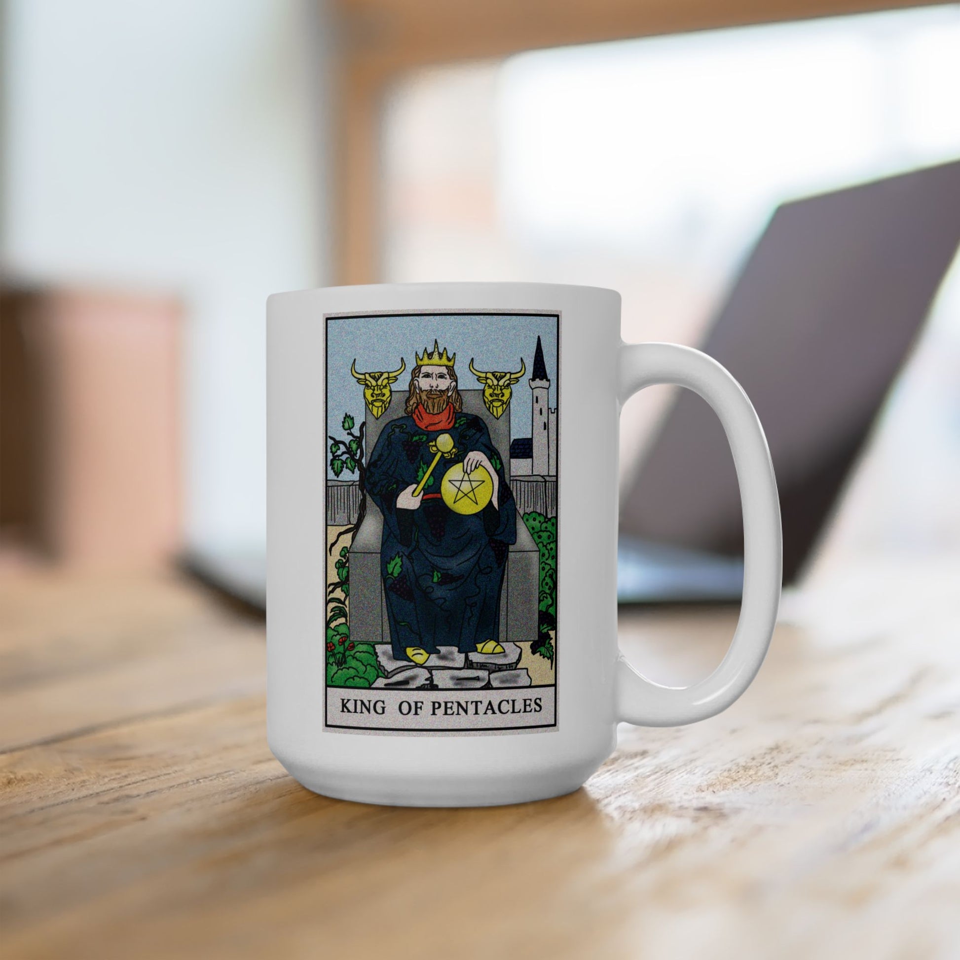 King of Pentacles Tarot Card Coffee Mug - Double Sided White Ceramic 15oz by TheGlassyLass.com