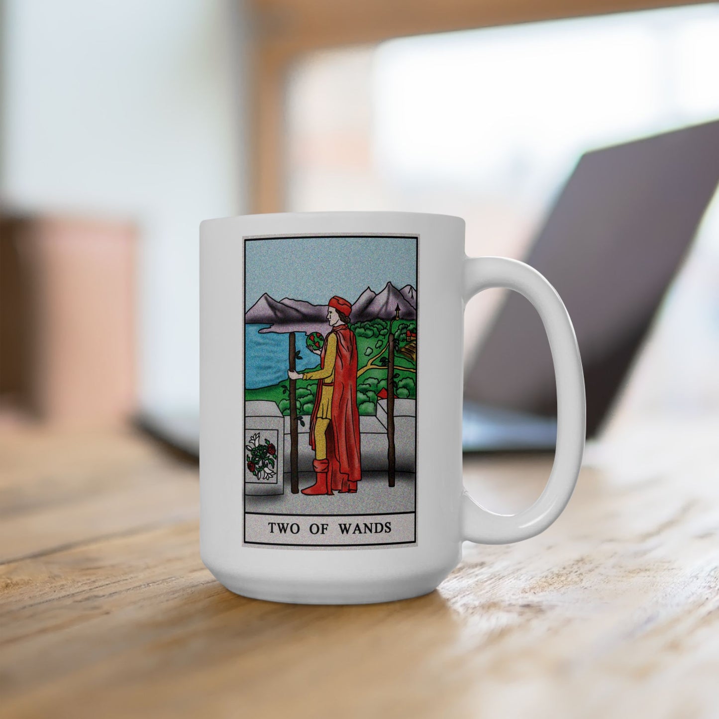 Three of Wands Tarot Card Coffee Mug - Double Sided White Ceramic 15oz by TheGlassyLass.com