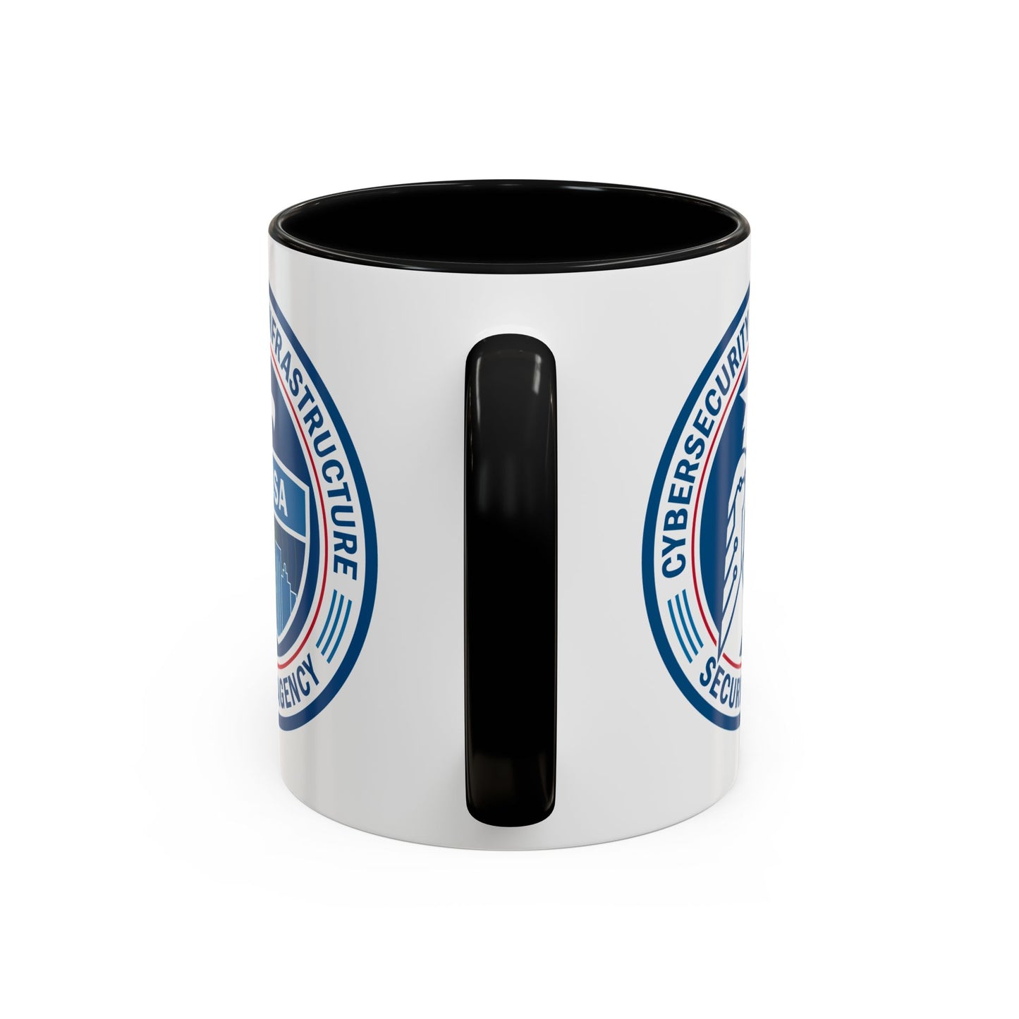 Cybersecurity and Infrastructure Security Agency Seal Coffee Mug - Double Sided Print, Black Accent White Ceramic, 11oz by TheGlassyLass.com