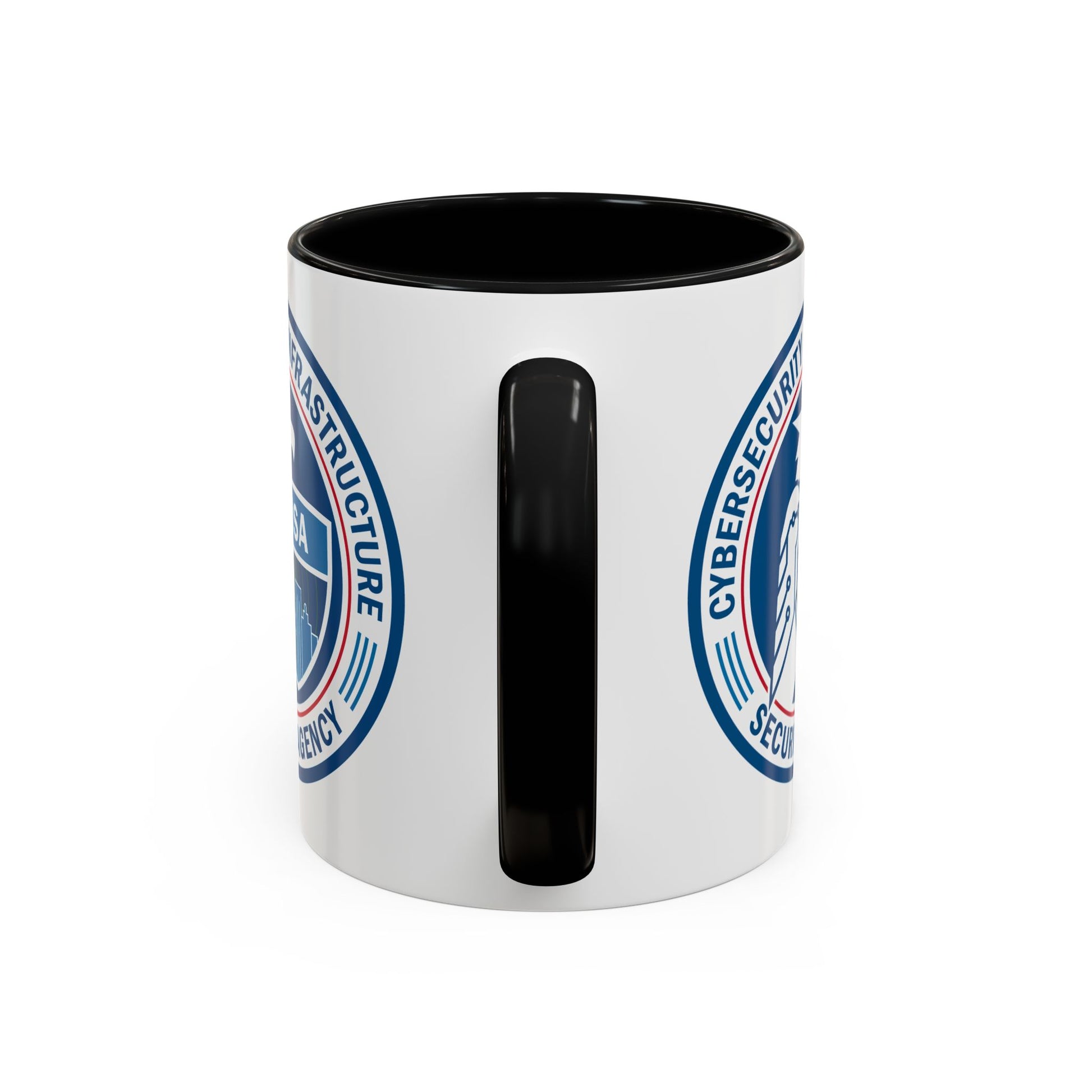 Cybersecurity and Infrastructure Security Agency Seal Coffee Mug - Double Sided Print, Black Accent White Ceramic, 11oz by TheGlassyLass.com