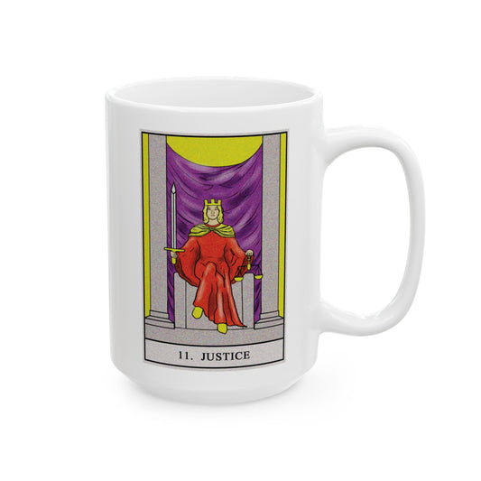 Justice Tarot Card Coffee Mug - Double Sided White Ceramic 15oz by TheGlassyLass.com