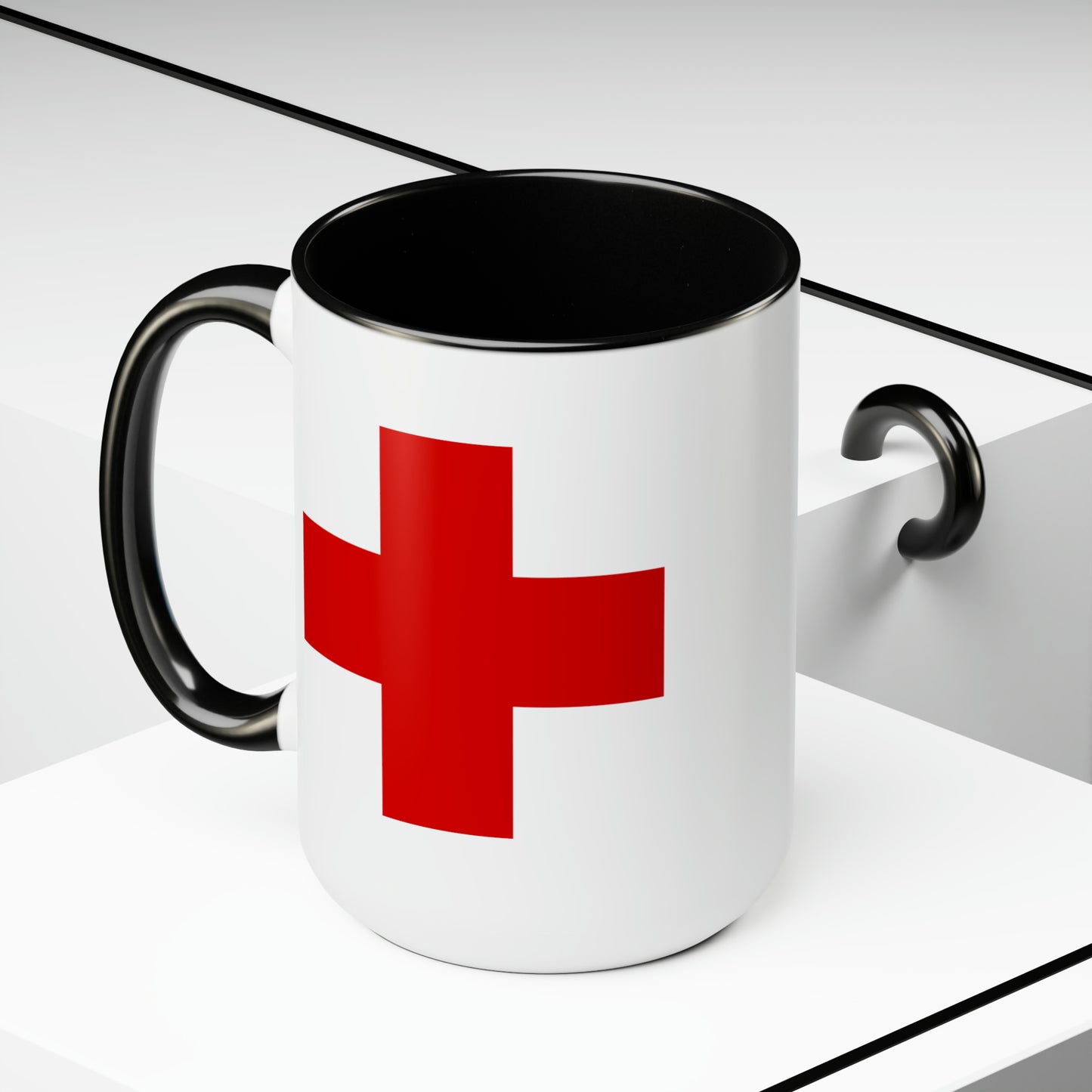 Red Cross Coffee Mug - Double Sided Black Accent White Ceramic 15oz by TheGlassyLass.com