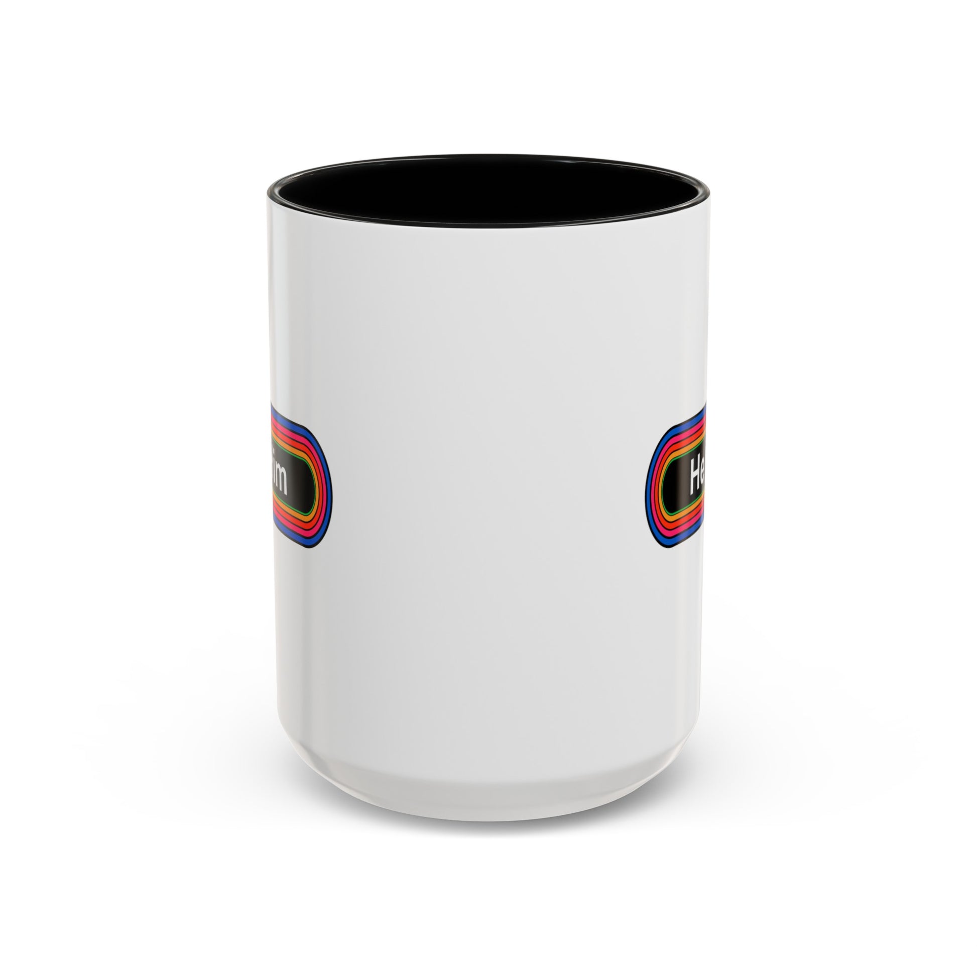 Rainbow He / Him Pronouns Coffee Mug - Double Sided Black Accent Ceramic 15oz - by TheGlassyLass.com