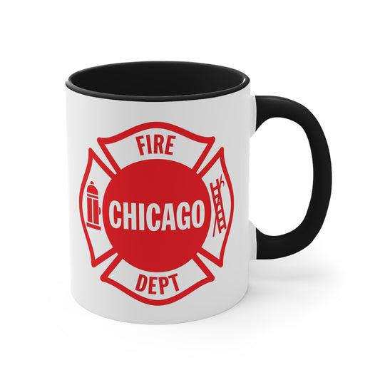 Chicago Fire Department Coffee Mug - Double Sided Print Black Accent Two Tone White Ceramic 11oz by TheGlassyLass.com