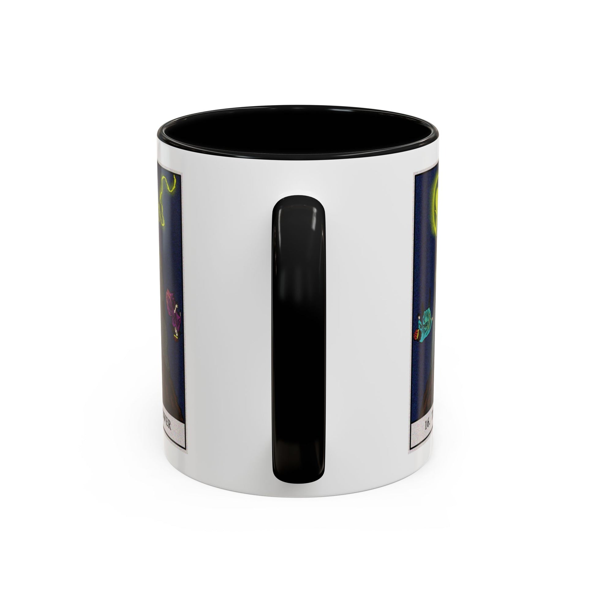 The Tower Tarot Card Coffee Mug - Double Sided Print, Black Accent White Ceramic, 11oz by TheGlassyLass.com
