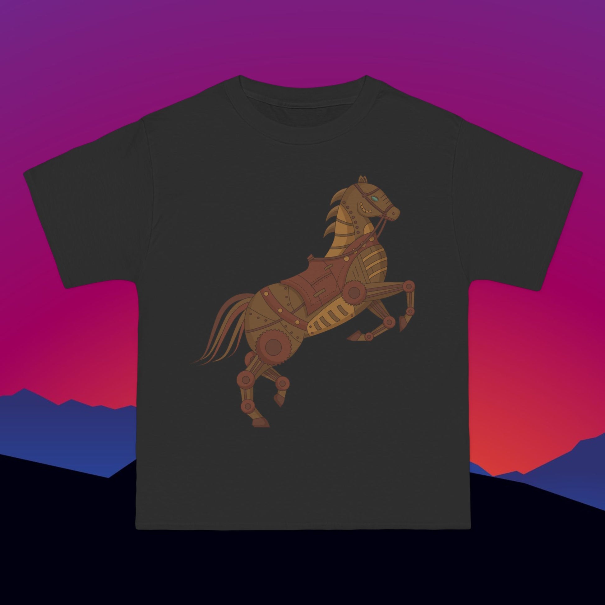 Steampunk Battle Horse T-Shirt: (Hanes Beefy-T 100% Preshrunk Cotton Custom Printed by TheGlassyLass.com