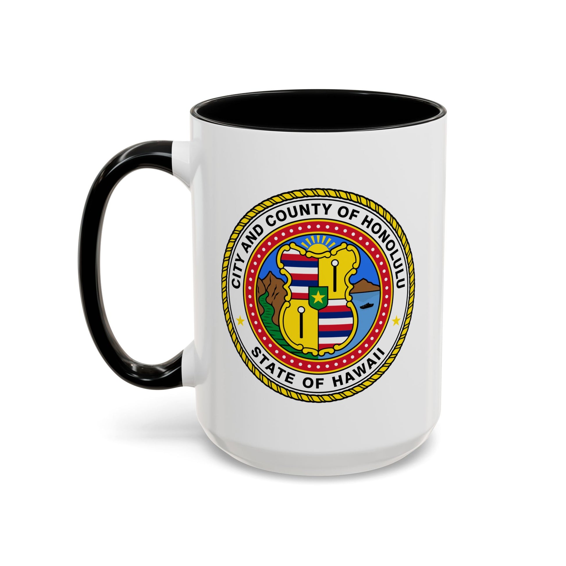 Honolulu City / County Seal Coffee Mug - Double Sided Print, Black Accent White Ceramic, 15oz by TheGlassyLass.com