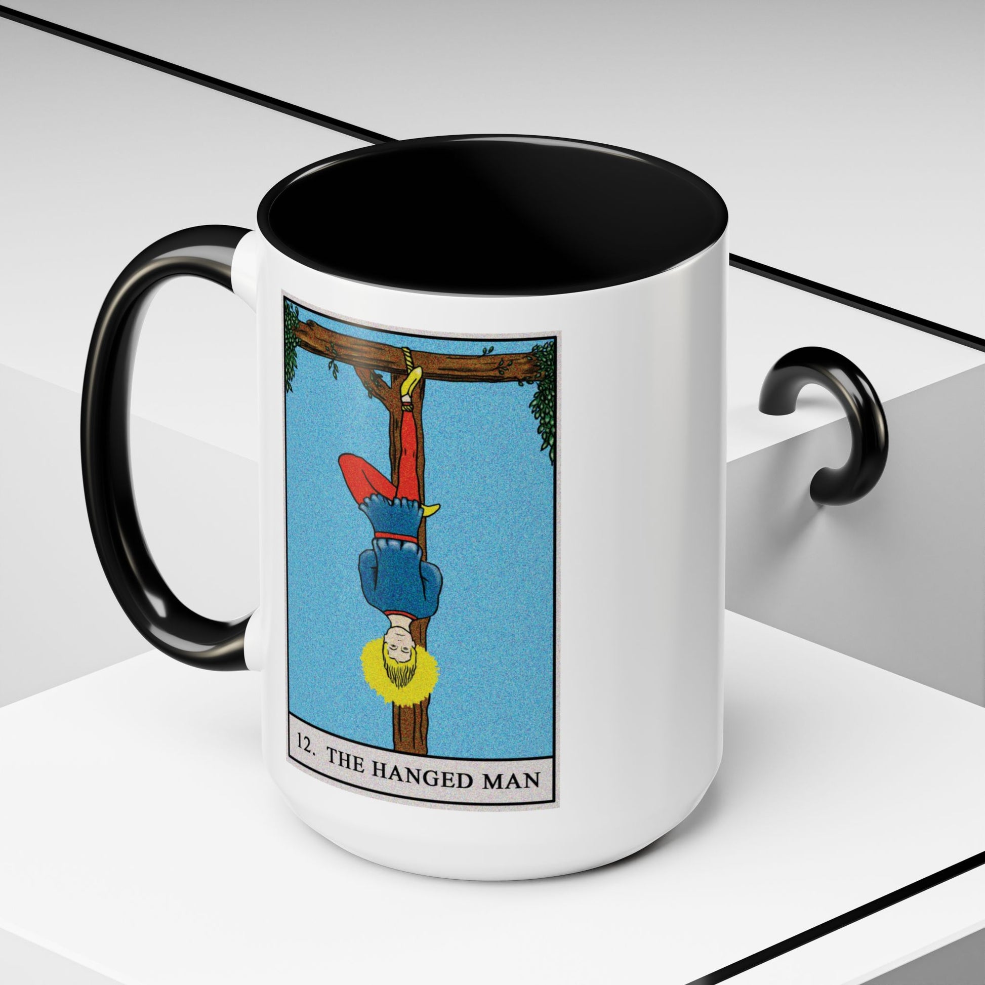 The Hanged Man Tarot Card Coffee Mug - Double Sided Black Accent White Ceramic 15oz by TheGlassyLass.com