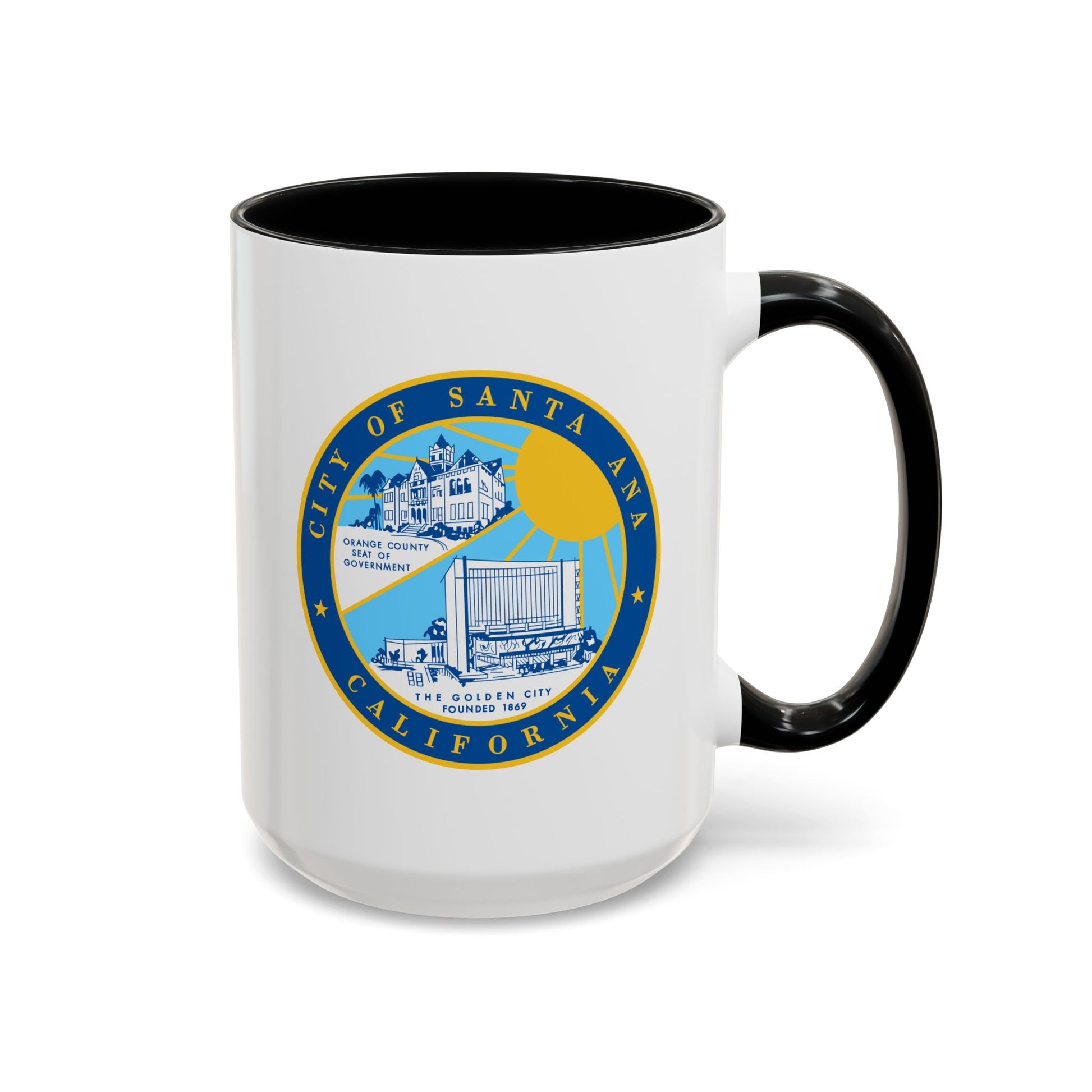 Santa Ana California Seal Coffee Mug - Double Sided Print, Black Accent White Ceramic, 15oz by TheGlassyLass.com