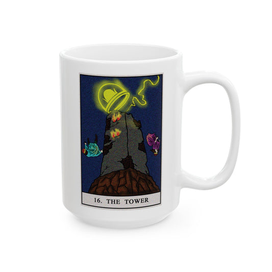 The Tower Tarot Card Coffee Mug - Double Sided White Ceramic 15oz by TheGlassyLass.com