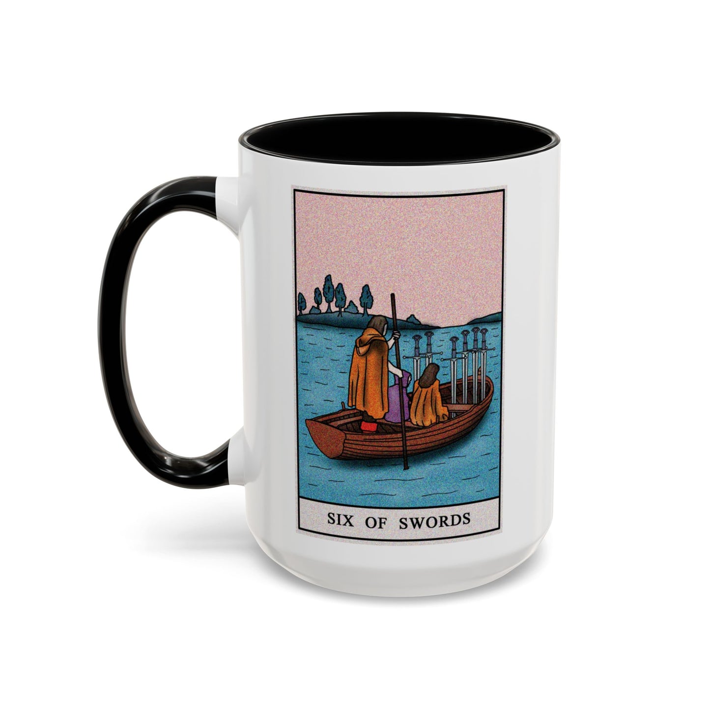 Six of Swords Tarot Card Coffee Mug - Double Sided Black Accent White Ceramic 15oz by TheGlassyLass