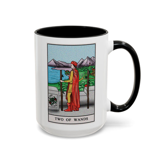 Two of Wands Tarot Card Coffee Mug - Double Sided Black Accent White Ceramic 15oz by TheGlassyLass.com