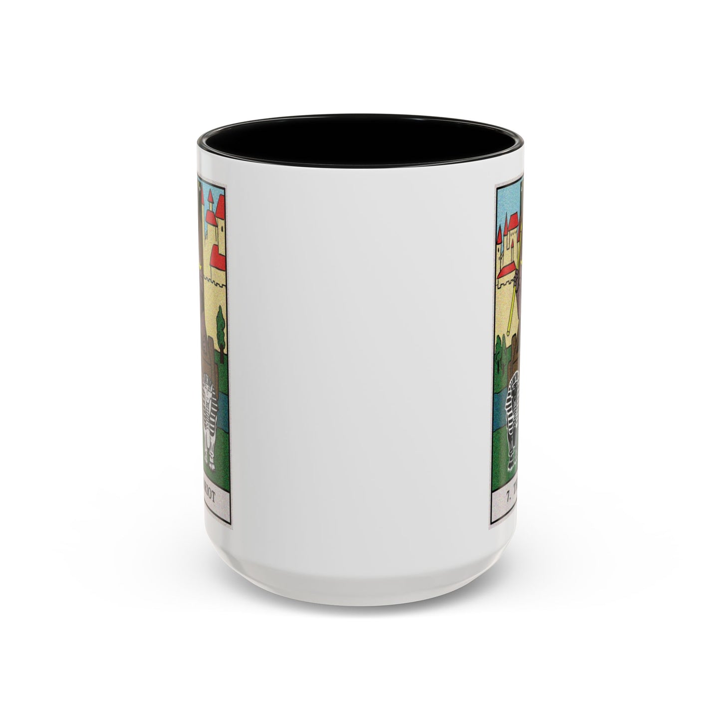 The Chariot Tarot Card Coffee Mug - Double Sided Black Accent White Ceramic 15oz by TheGlassyLass.com